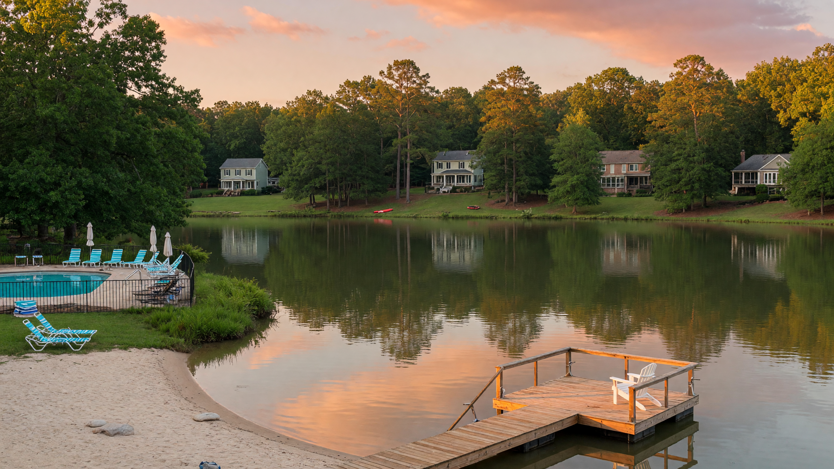 Presidential Lakes lake community King George Virginia — freshwater lake, homes with wooded lots, community pool