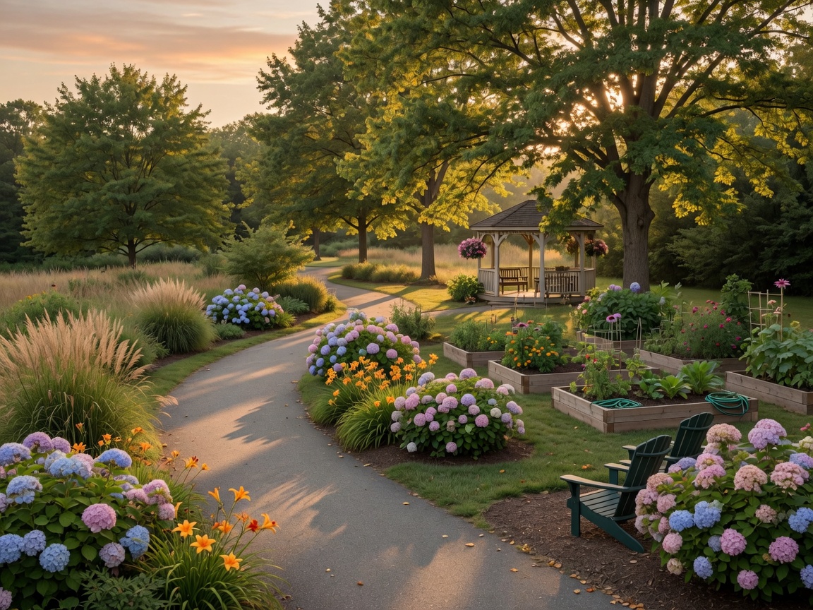 Walking trail winding through Afton Villas Fredericksburg Virginia — paved path, mature trees, hydrangeas, gazebo, and community garden in an Atlantic Builders 55+ active adult community