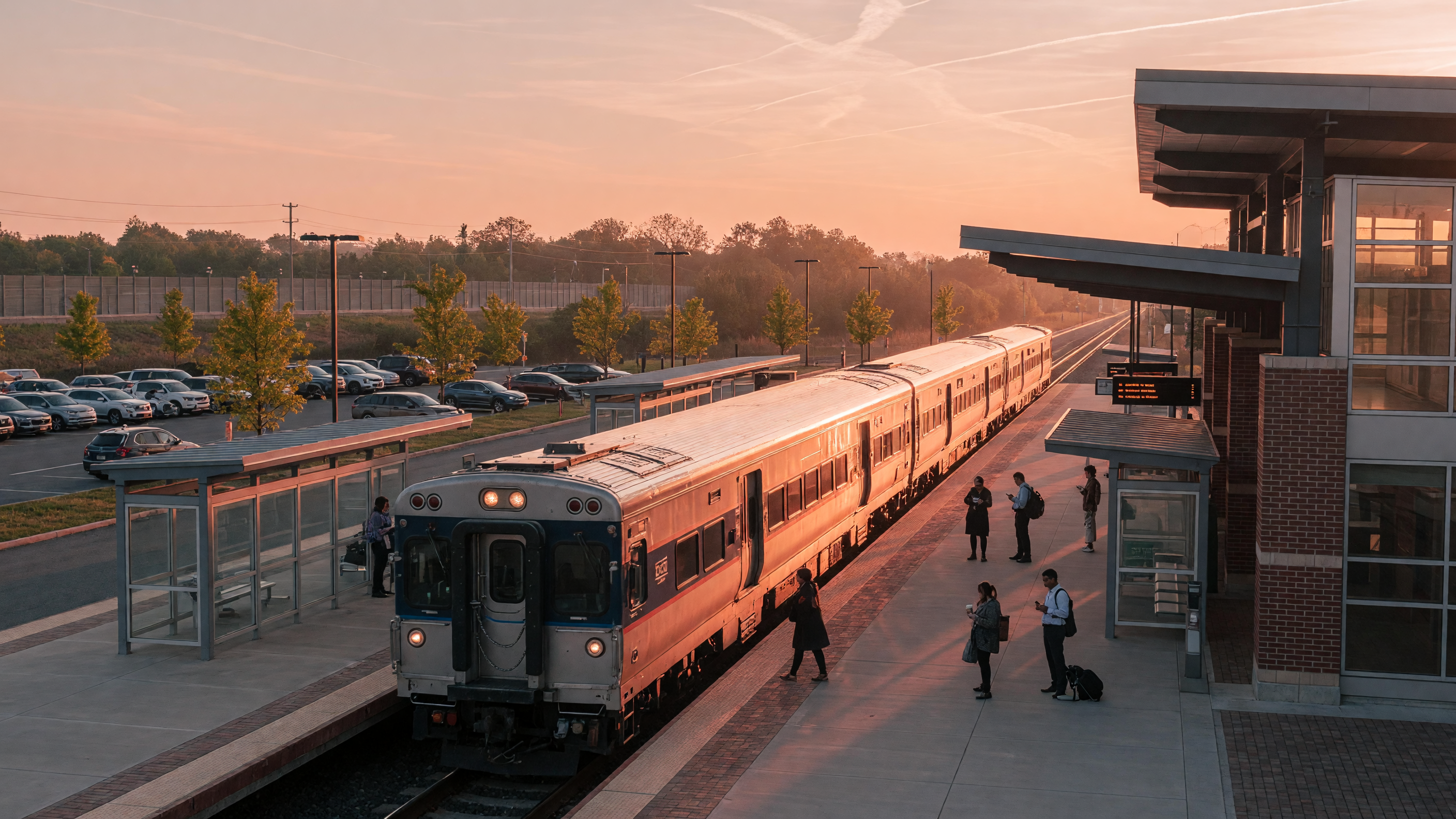 Virginia Railway Express commuter train arriving at a suburban station during golden hour