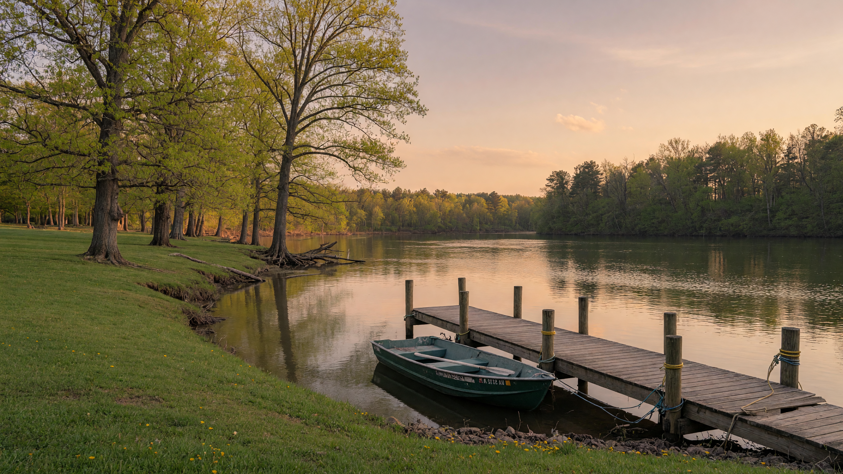 Rappahannock River waterfront in Spotsylvania County Virginia — calm blue water, wooden dock, and mature riverbank trees at golden hour near New Post on the Rappahannock community