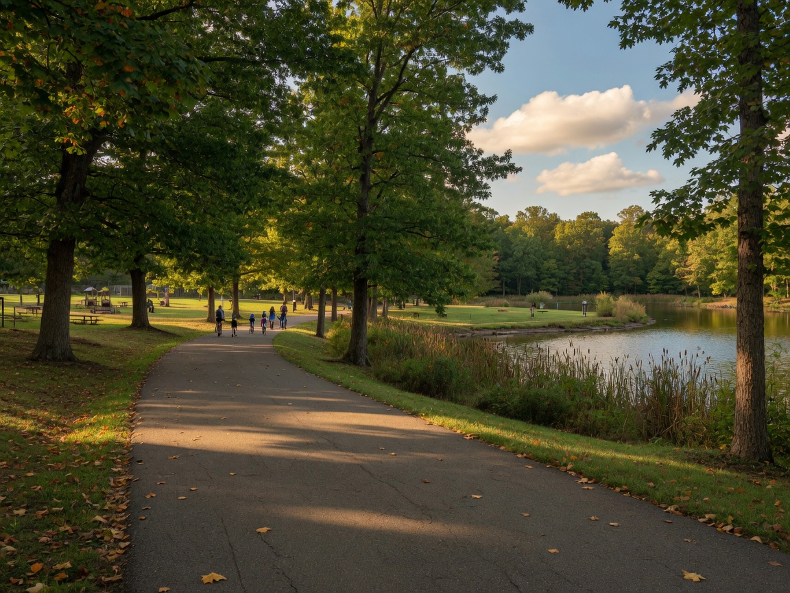 Embrey Mill Stafford Virginia extensive walking and biking trail system winding through wooded areas, past lakes, and connecting the community