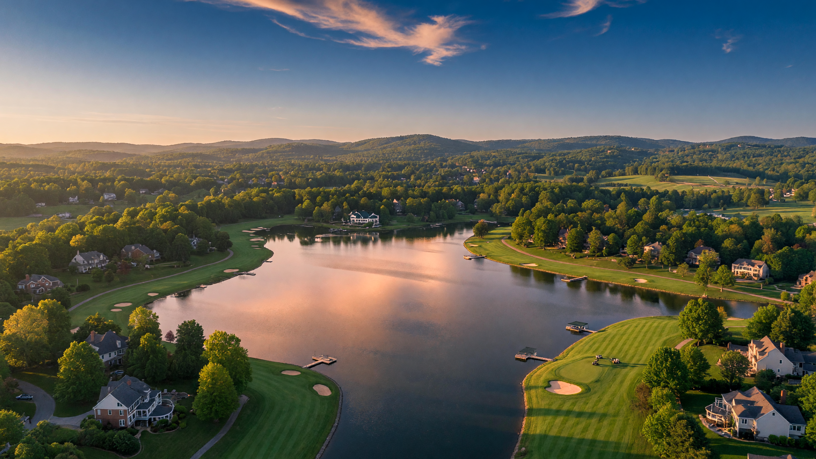 Aerial view of the Fawn Lake community in Spotsylvania County Virginia with the lake, golf course, and surrounding homes