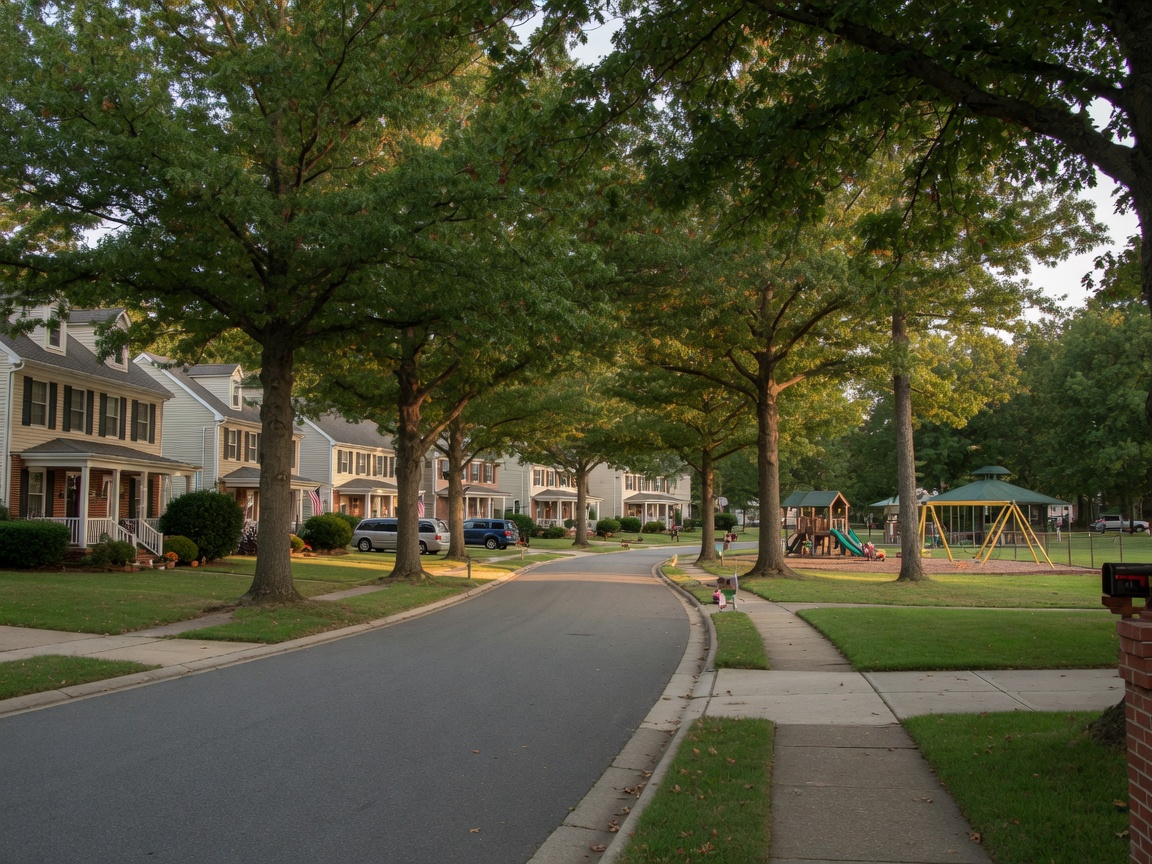 Parkridge Stafford Virginia tree-lined residential street with colonial-style homes, sidewalks, and mature oak trees