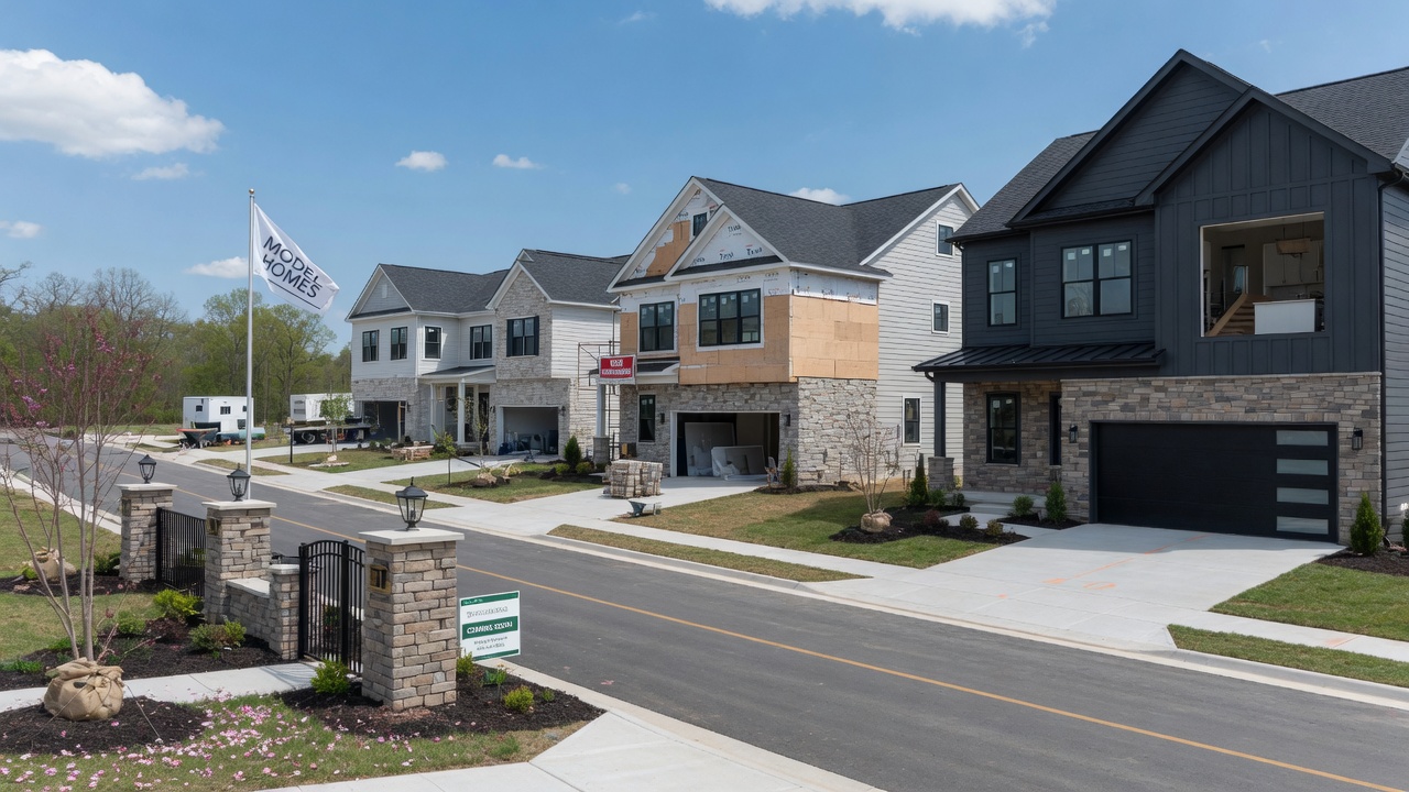 Aspire at Wilderness Shores K. Hovnanian new construction community in Locust Grove Virginia — modern single-family homes with contemporary architecture, stone accents, and fresh landscaping in Orange County