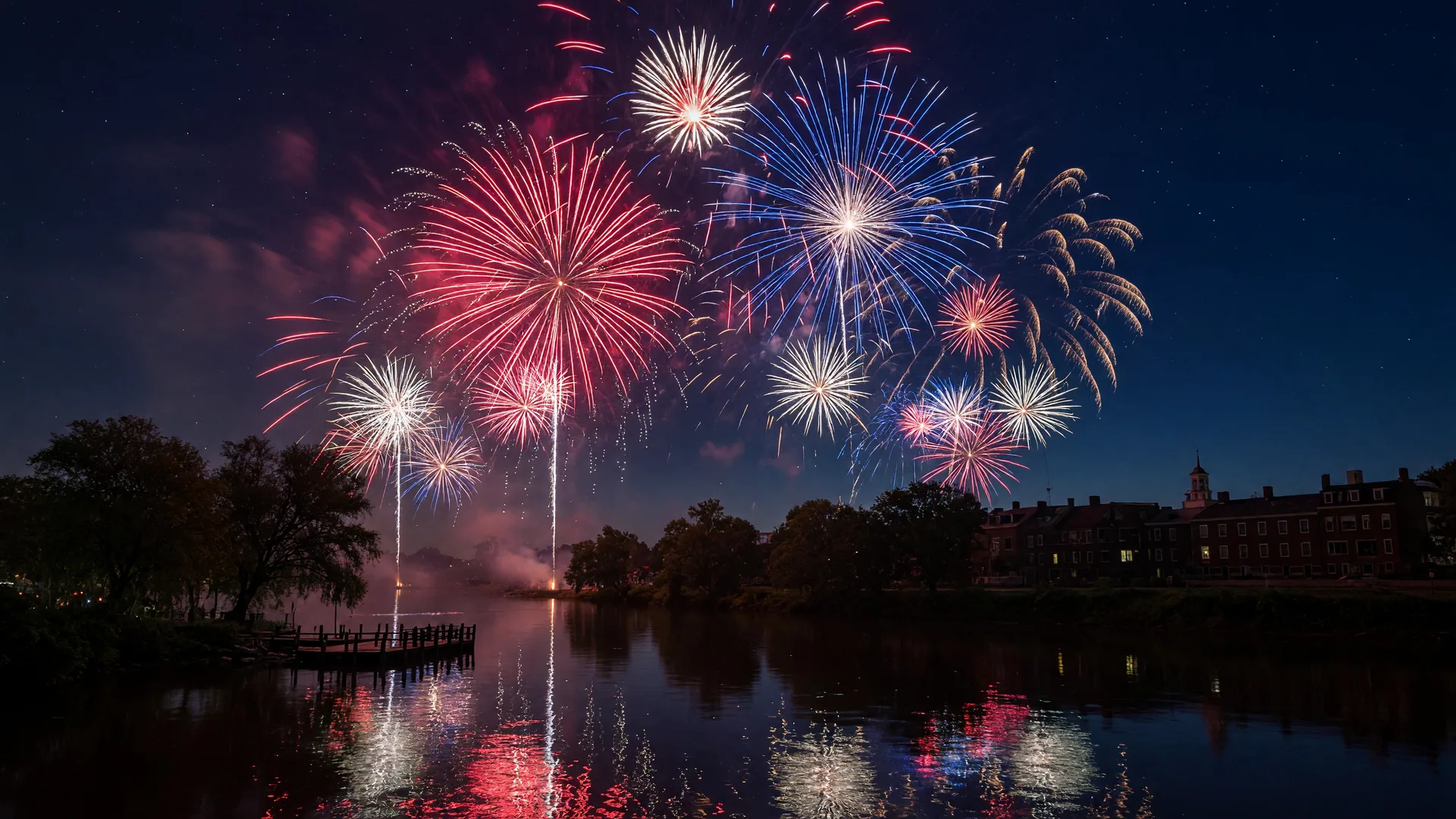 Fourth of July fireworks over the Rappahannock River in Fredericksburg Virginia