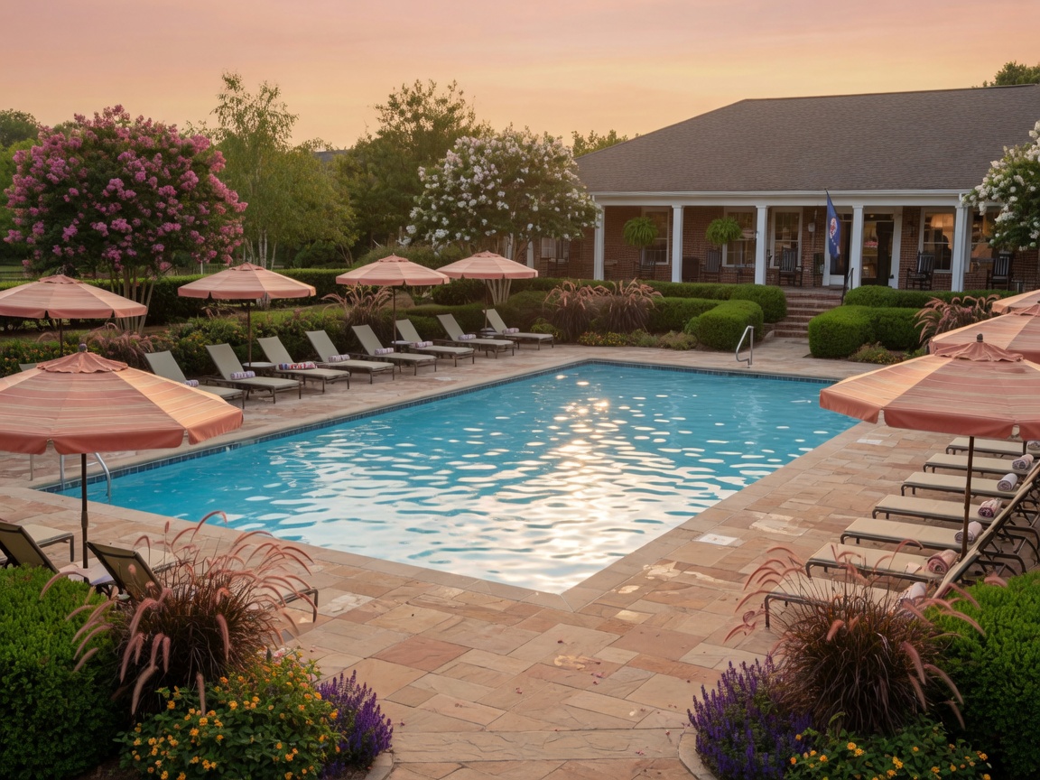 Resort-style outdoor pool at Barley Woods Fredericksburg Virginia — lounge chairs with umbrellas, sparkling water, manicured landscaping in a boutique Cornerstone Homes 55+ active adult community