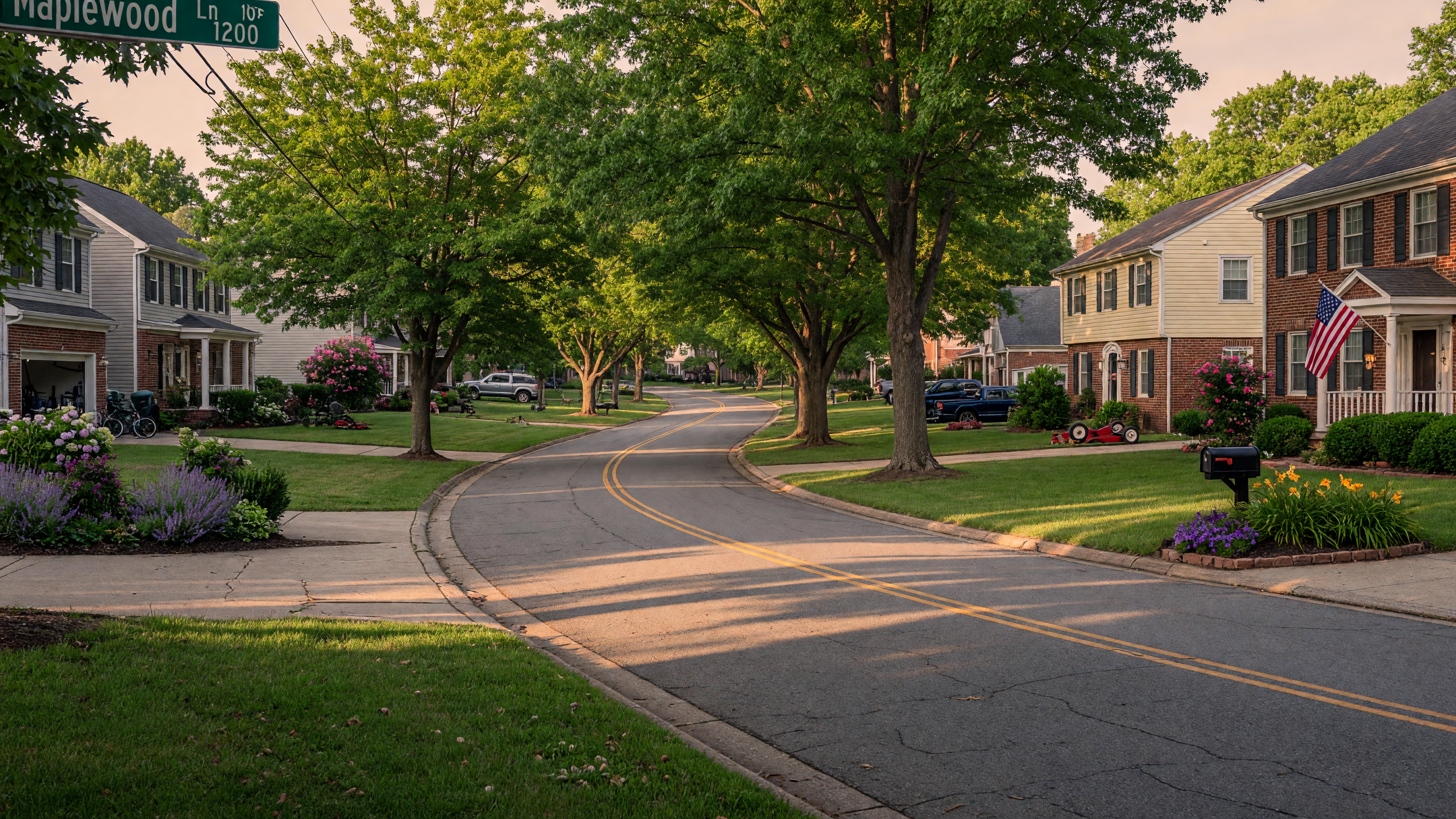 Vista Woods established neighborhood in Stafford Virginia — mature tree-lined streets, well-maintained colonial-style homes on generous lots, peaceful residential atmosphere