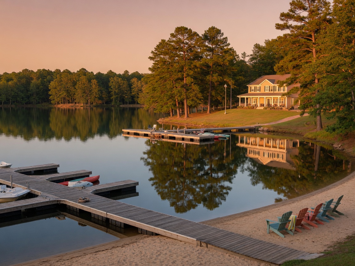 Fawn Lake marina and beach in Spotsylvania Virginia — boat docks, sandy shoreline, and community clubhouse overlooking the 288-acre lake