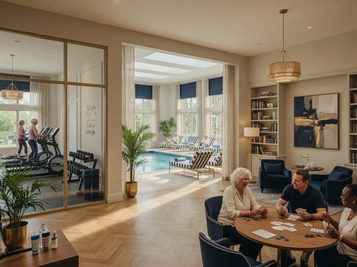 Virginia Heritage At Lees Park 55+ community clubhouse in Fredericksburg Virginia — resort-style indoor pool, fitness center, and social gathering spaces for active adult living