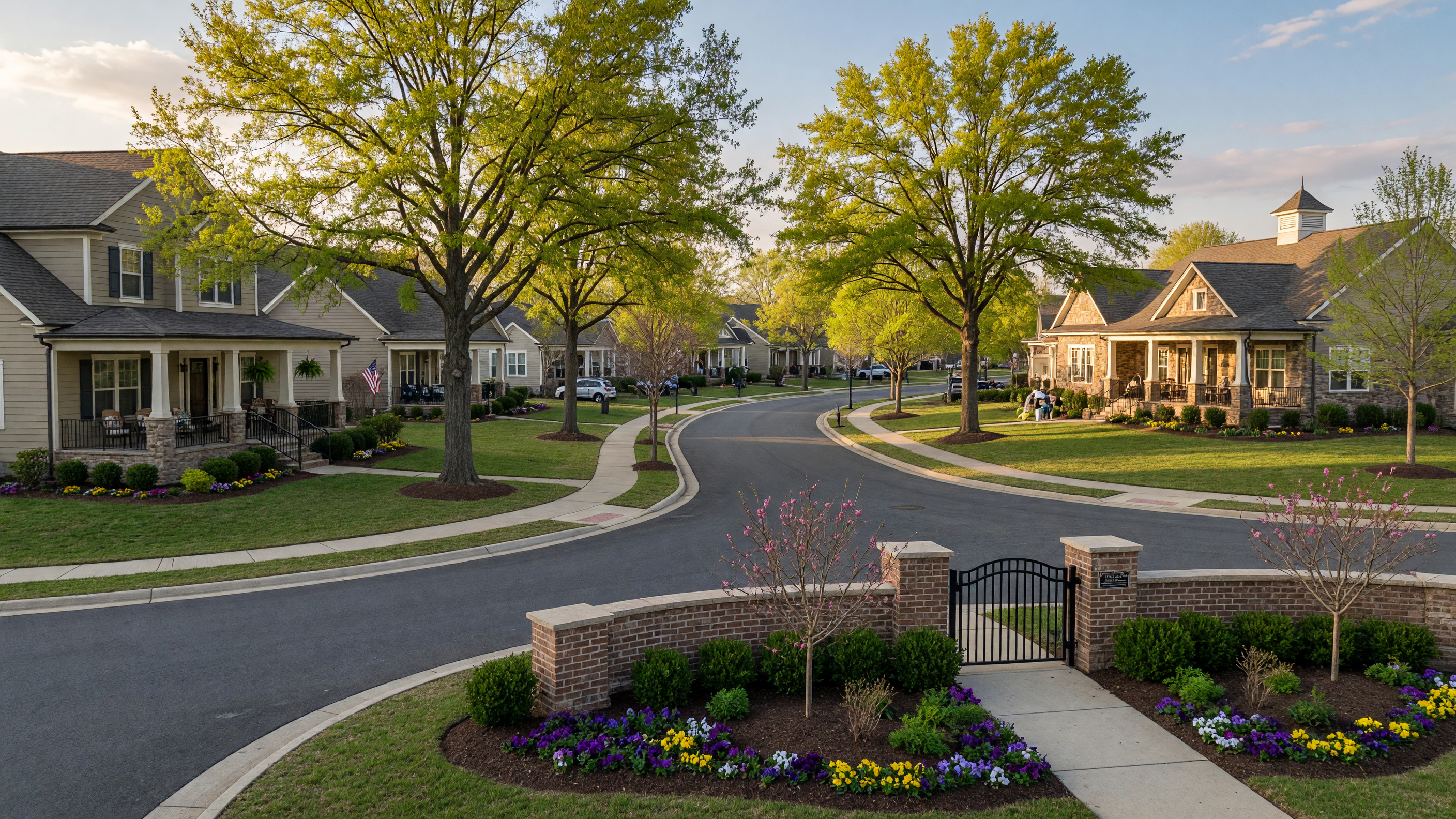 The Villages at Courthouse Commons community entrance in Spotsylvania County Virginia — mature oak trees, manicured lawns, craftsman-style homes, and a welcoming community clubhouse on a bright spring afternoon