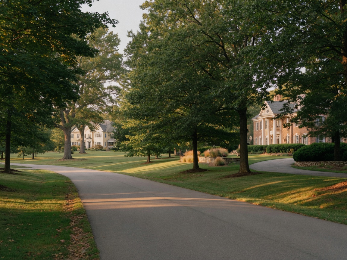 The Glens Stafford Virginia estate neighborhood — tree-lined road with custom luxury homes set far back on spacious wooded lots with mature trees and dappled sunlight