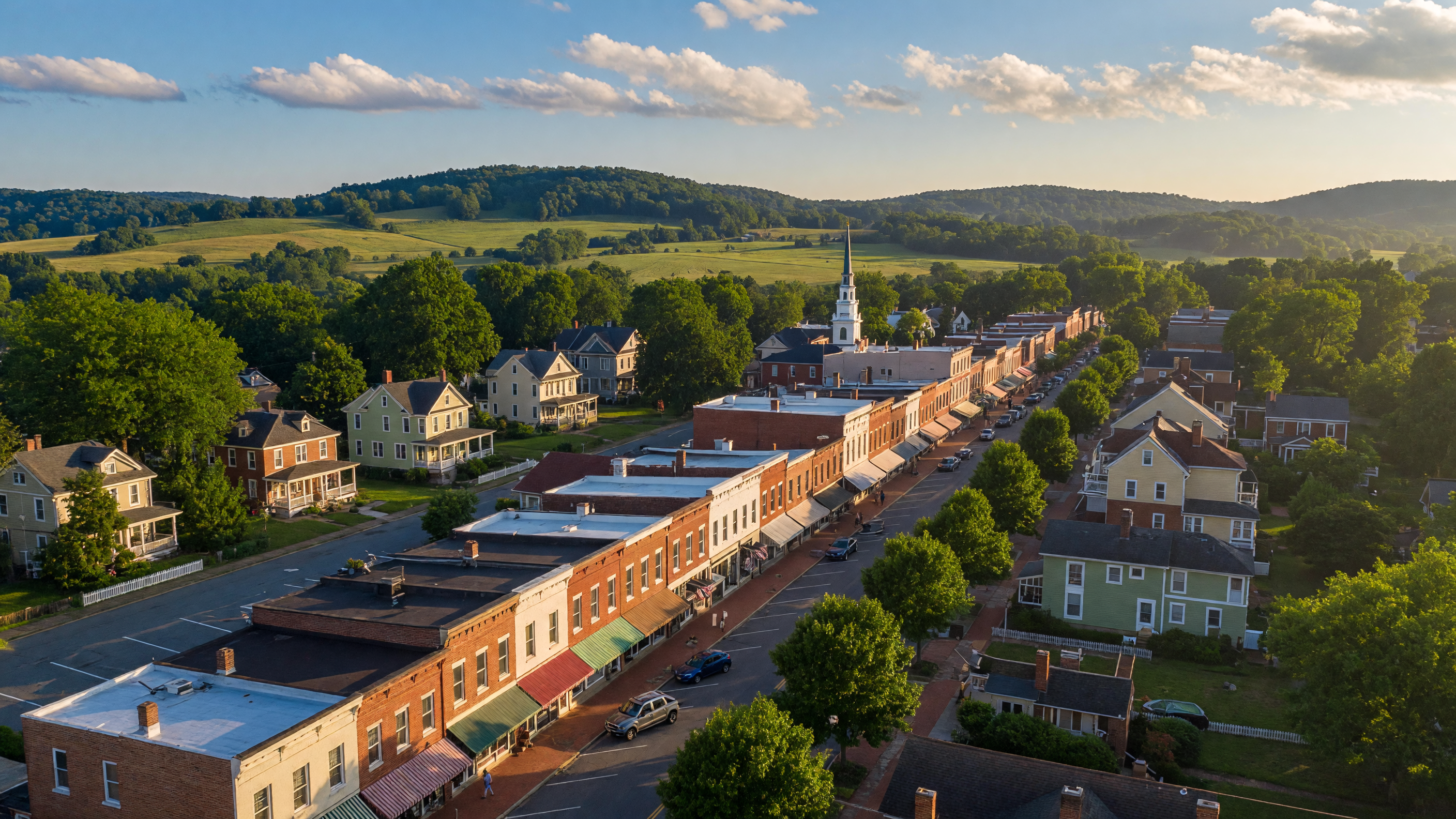 Scenic view of Culpeper County Virginia with historic downtown and rolling Piedmont hills