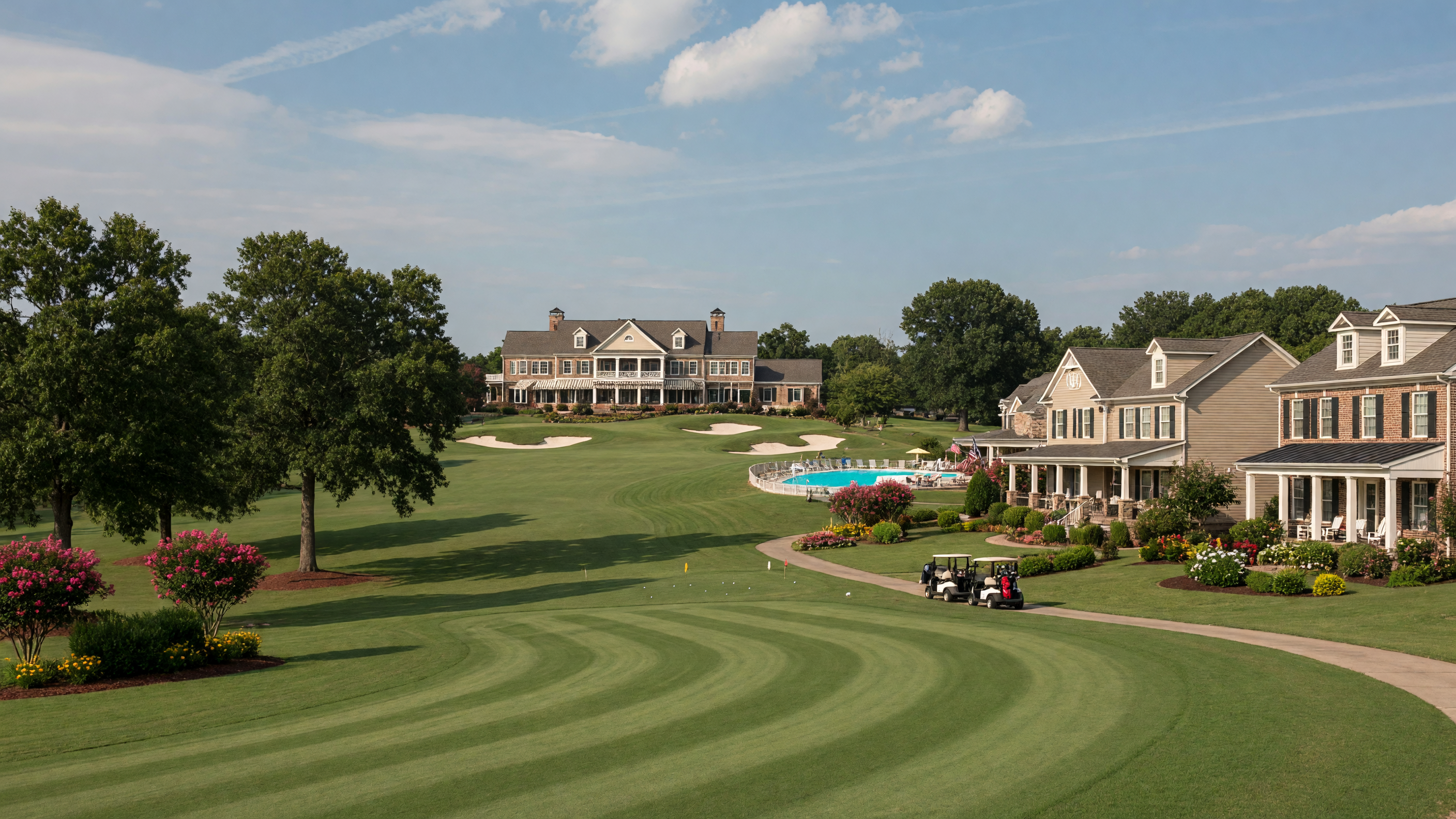 Hopyard Farm golf course community in King George Virginia — rolling fairways, clubhouse, newer single-family homes, and resort-style amenities
