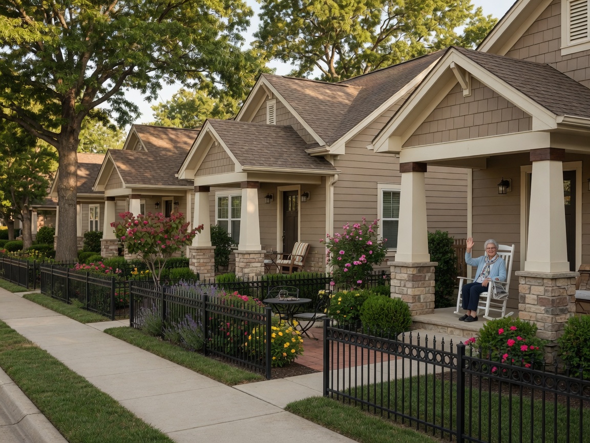 Single-level villa homes in Afton Villas Fredericksburg Virginia — craftsman-style architecture with stone accents, covered porches, private courtyard patios, and manicured landscaping in an Atlantic Builders 55+ active adult community