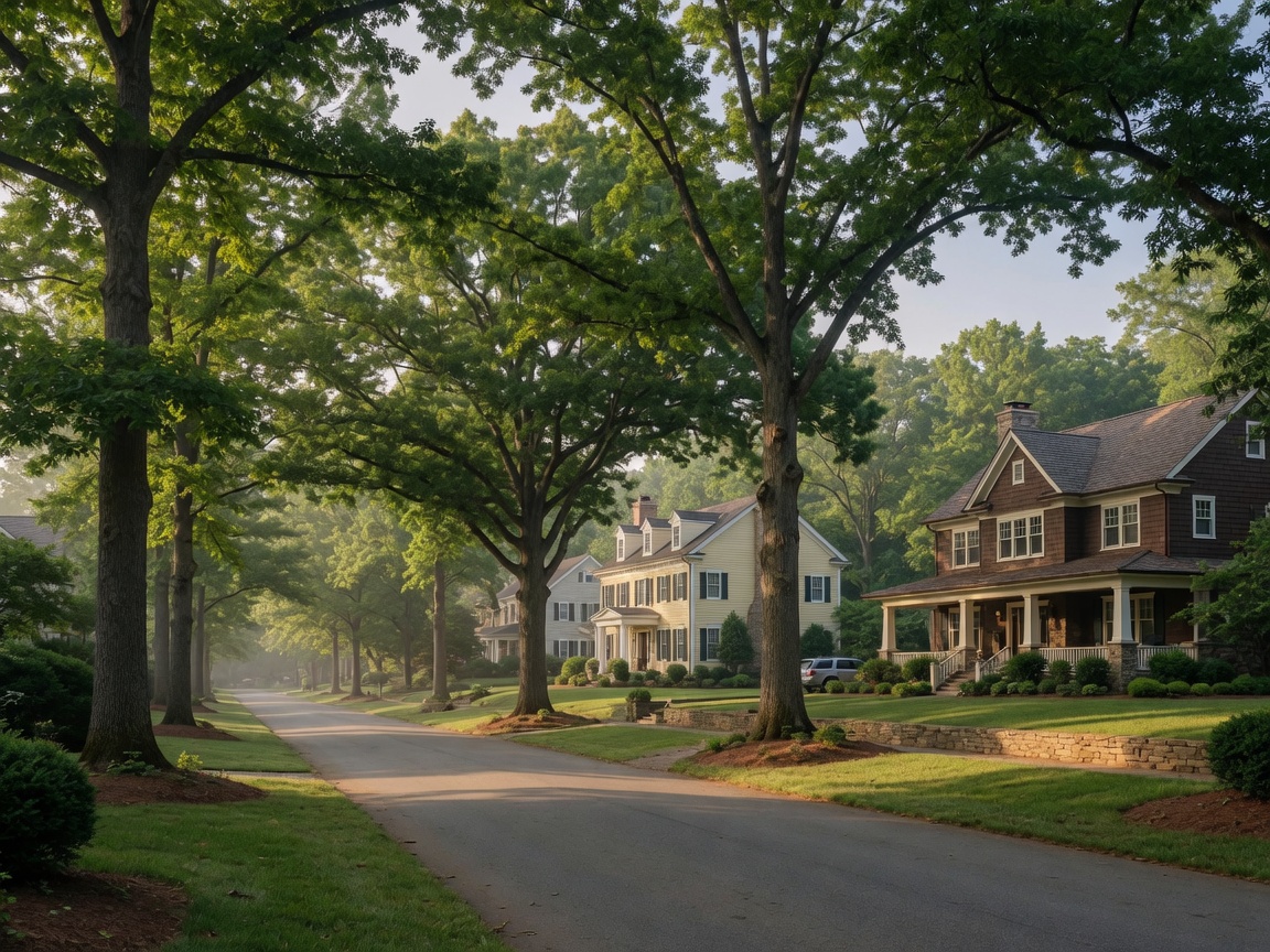 Tree-lined residential street in Brooke Point Estates Stafford Virginia — custom craftsman and colonial homes on large wooded lots with a peaceful, private estate feel