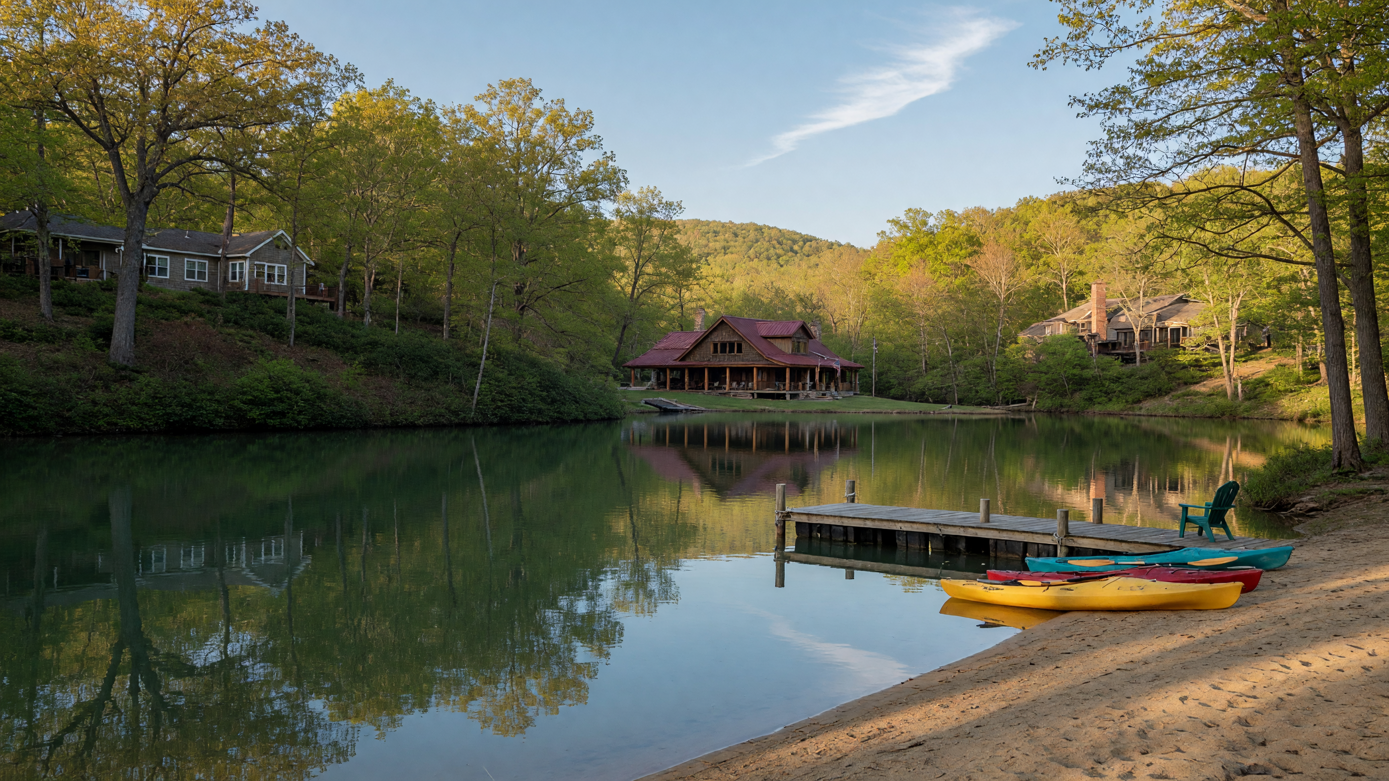 Lake Wilderness private lake in Spotsylvania County Virginia — serene 29-acre lake surrounded by mature hardwood forest, sandy beach, dock, clubhouse, and single-family homes nestled among the trees