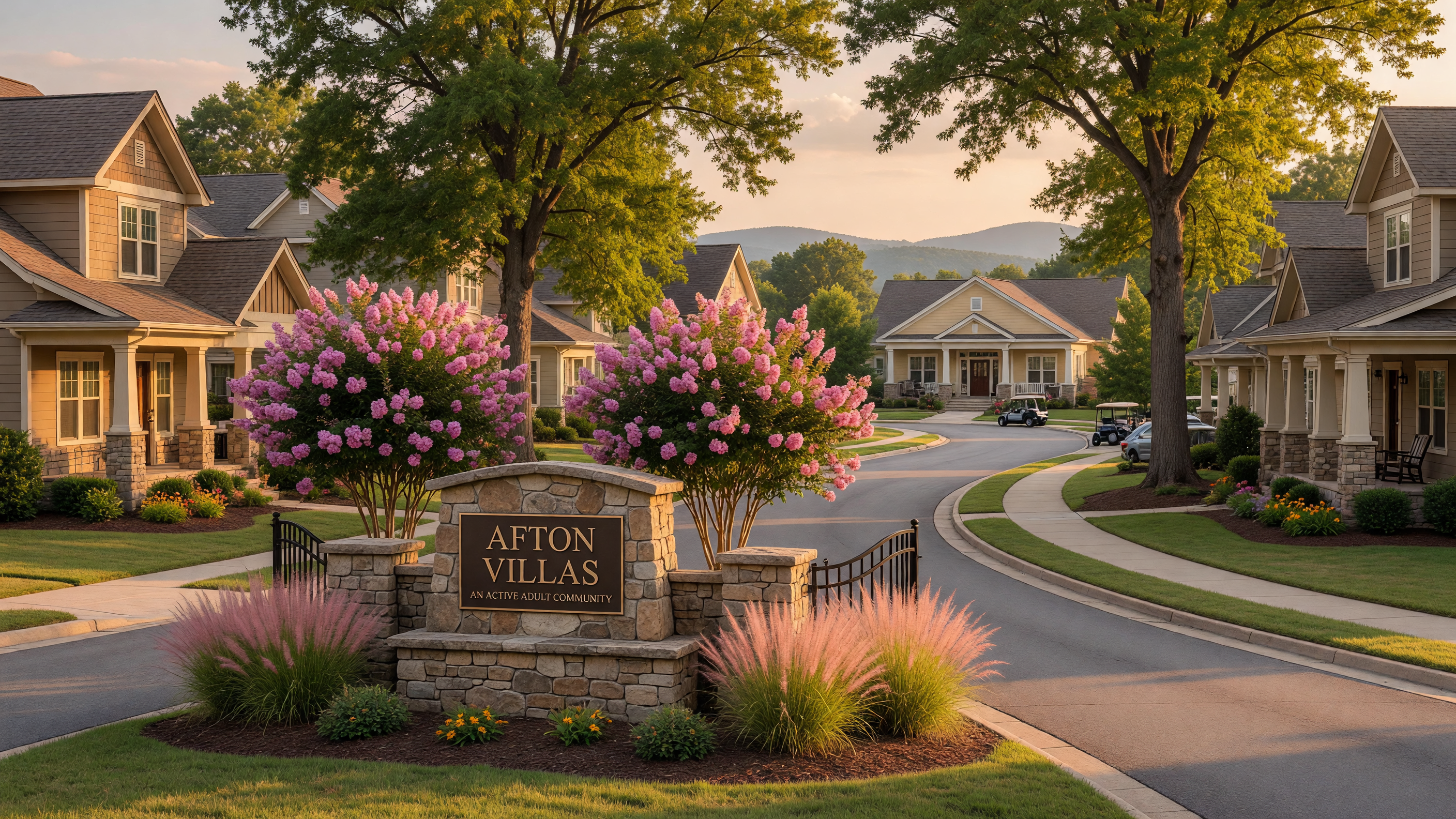Afton Villas entrance — a 55+ active adult community by Atlantic Builders in Fredericksburg Virginia, featuring a stone monument sign, craftsman-style villa homes, mature trees, and manicured landscaping