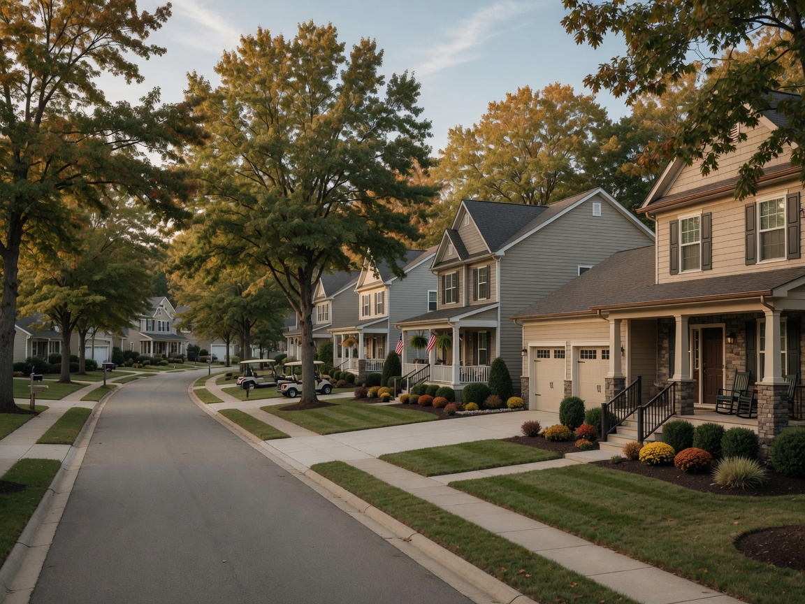Craftsman-style homes in The Villages at Courthouse Commons Spotsylvania Virginia — well-maintained homes with stone and siding exteriors, covered porches, and professional landscaping near the Spotsylvania County Courthouse