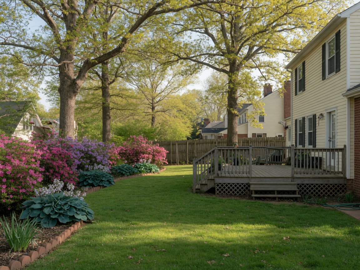 Vista Woods Stafford Virginia — spacious backyard with wooden deck, mature trees, and colonial-style home in established residential setting
