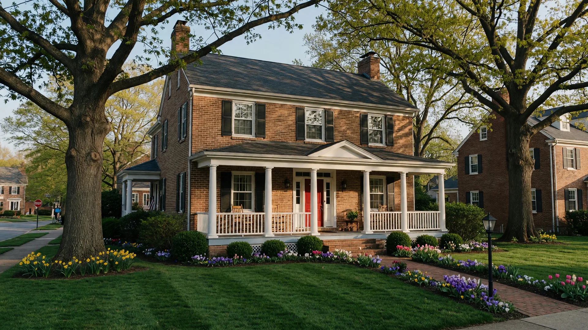 Traditional colonial home in Virginia neighborhood with warm sunlight and oak trees