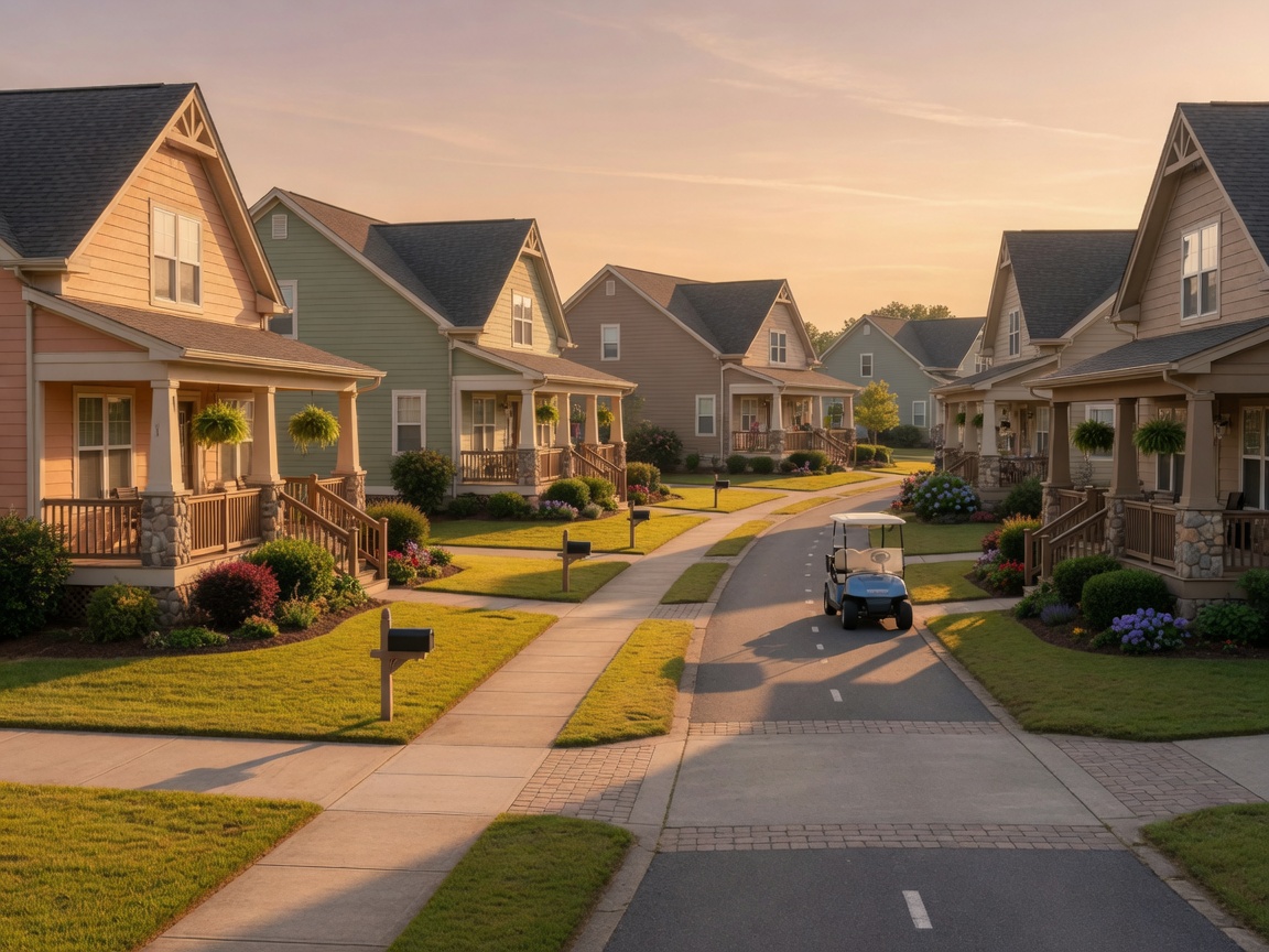 Virginia Heritage At Lees Park Fredericksburg Virginia single-level craftsman-style homes with stone accents, covered porches, and manicured landscaping in a 55+ active adult community