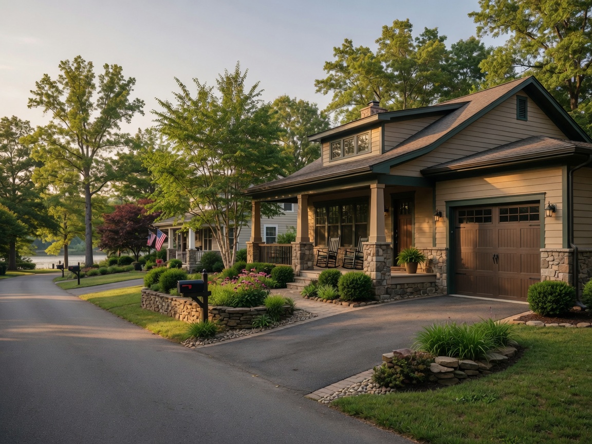 Craftsman-style home at New Post on the Rappahannock Spotsylvania Virginia — elegant stone and siding exterior, covered porch, two-car garage, and manicured landscaping in a waterfront community