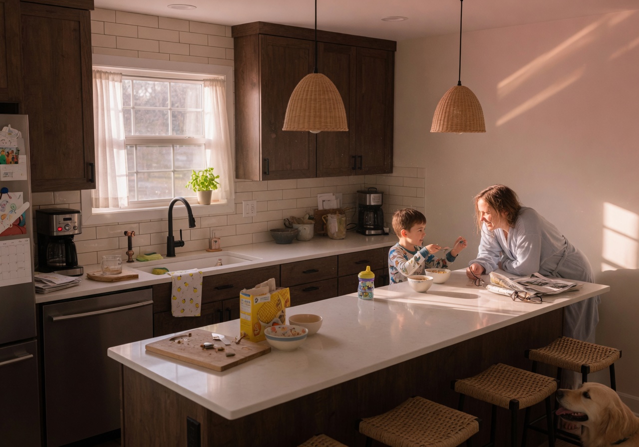Modern kitchen interior with natural morning light