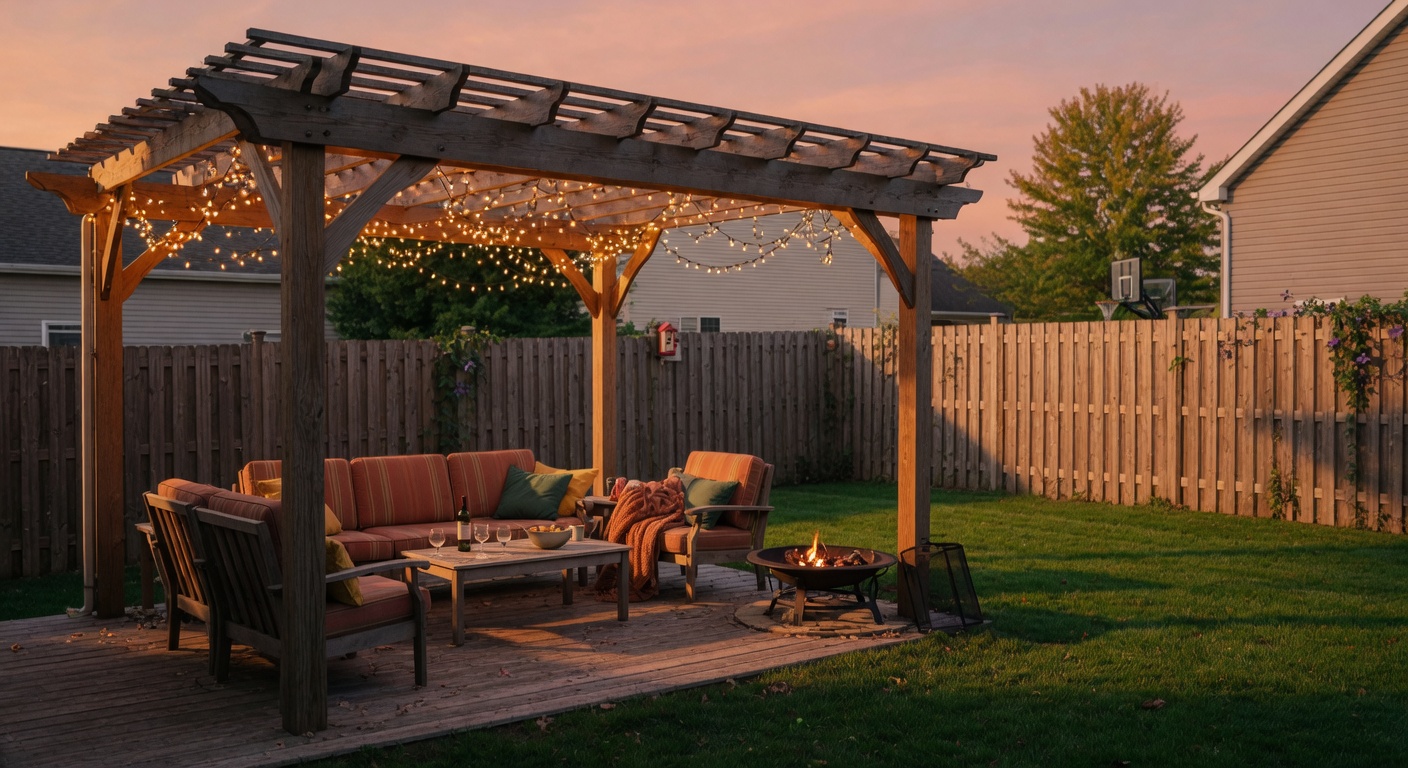 Outdoor patio pergola at golden hour with string lights