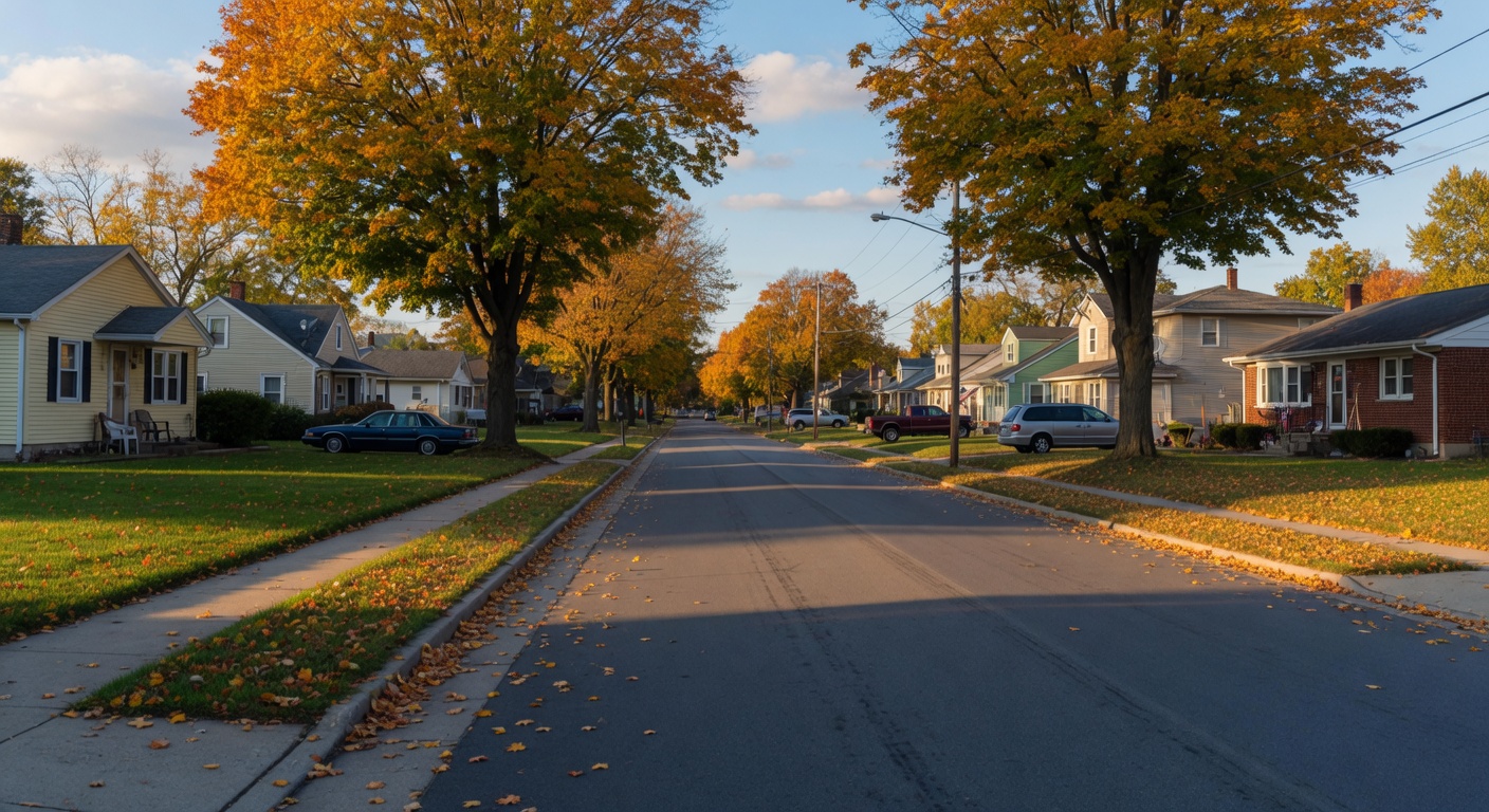 Quiet residential street in Lorain, Ohio with mature trees and sidewalks