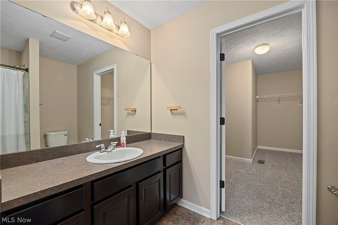 Second bathroom with vanity and walk-in closet doorway