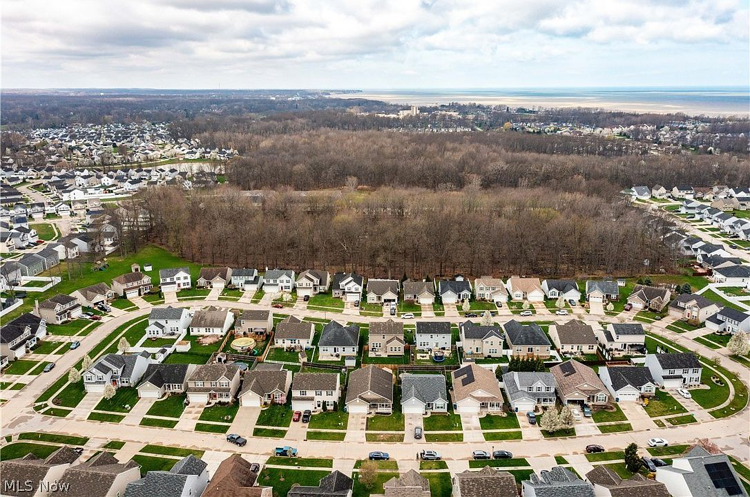 High-angle drone view of Martin's Run neighborhood with Lake Erie on the horizon