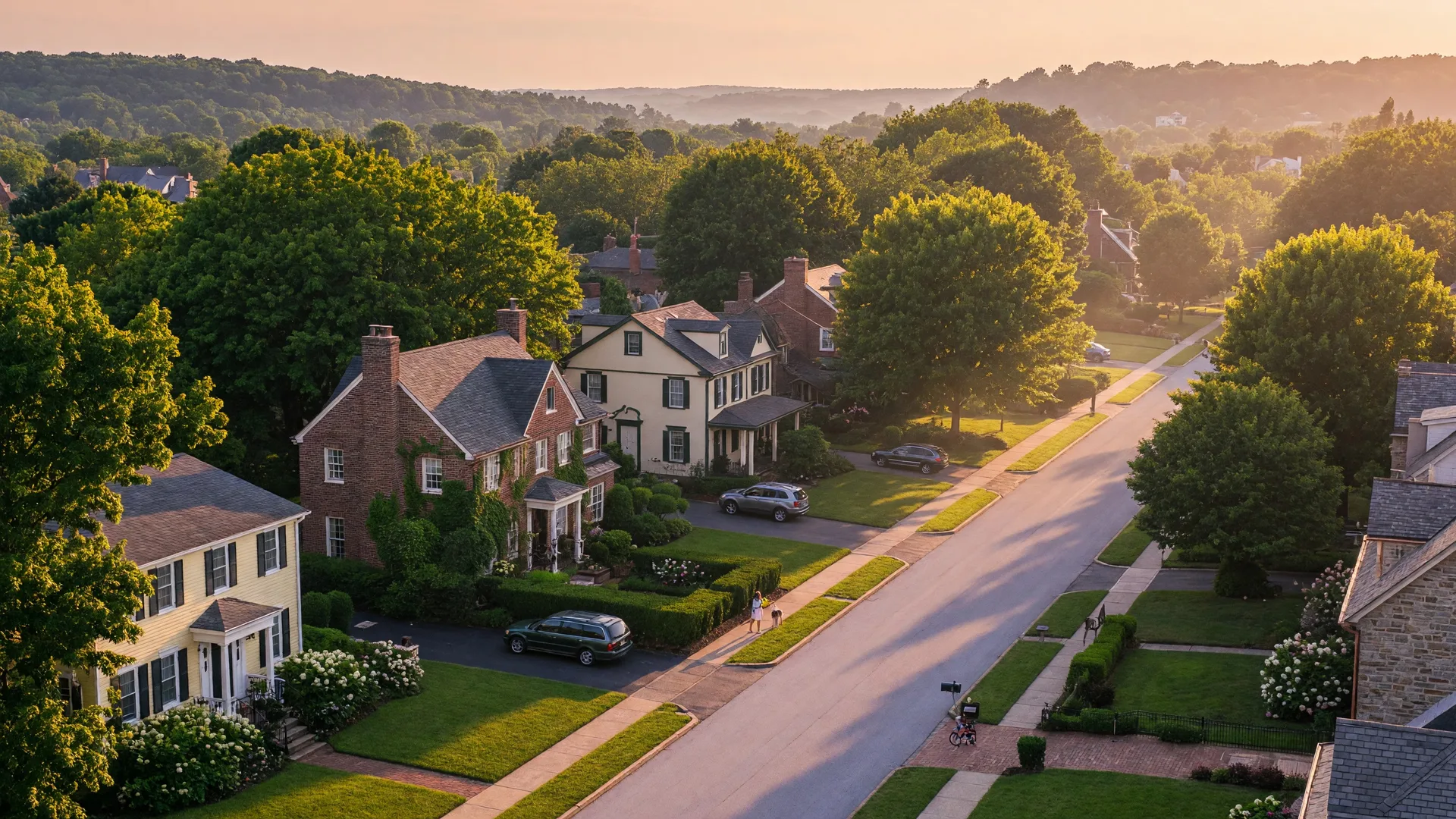 Tree-lined suburban neighborhood in Living in or Moving to Philadelphia Suburbs of Montgomery County, PA at golden hour