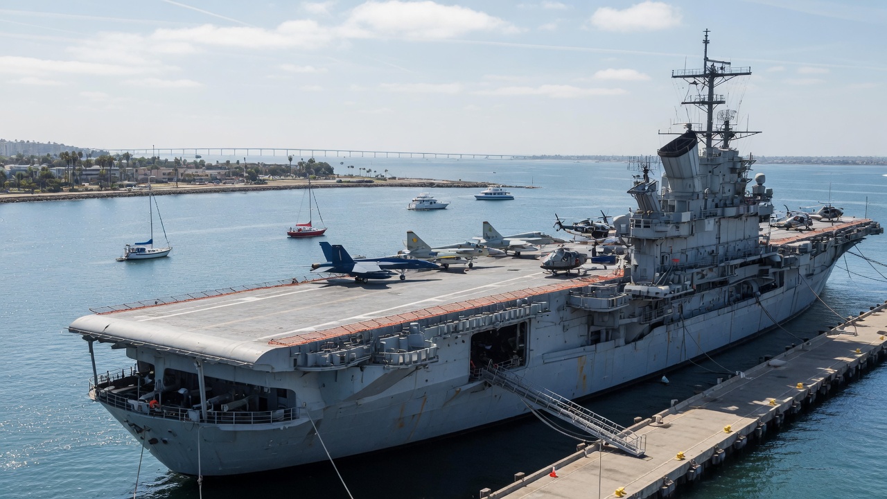 A large aircraft carrier, the USS Midway, docked at the San Diego harbor pier under bright daylight