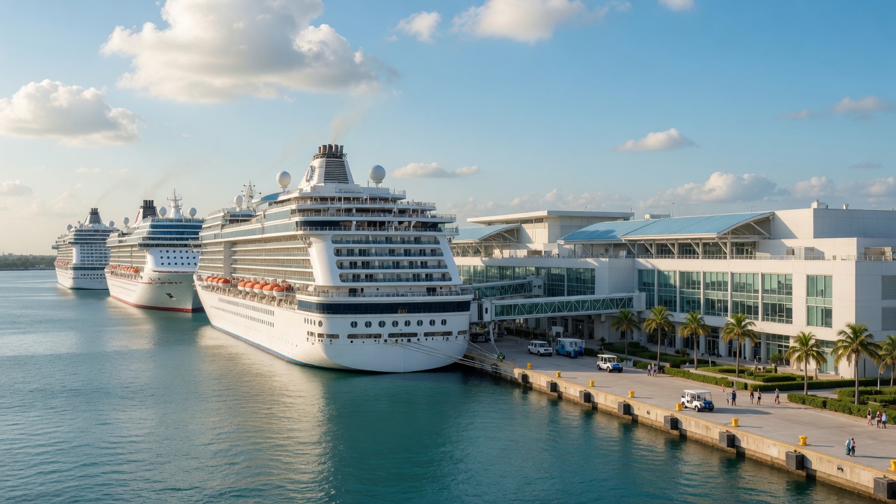 Large cruise ships docked at the San Diego harbor pier under a clear blue sky