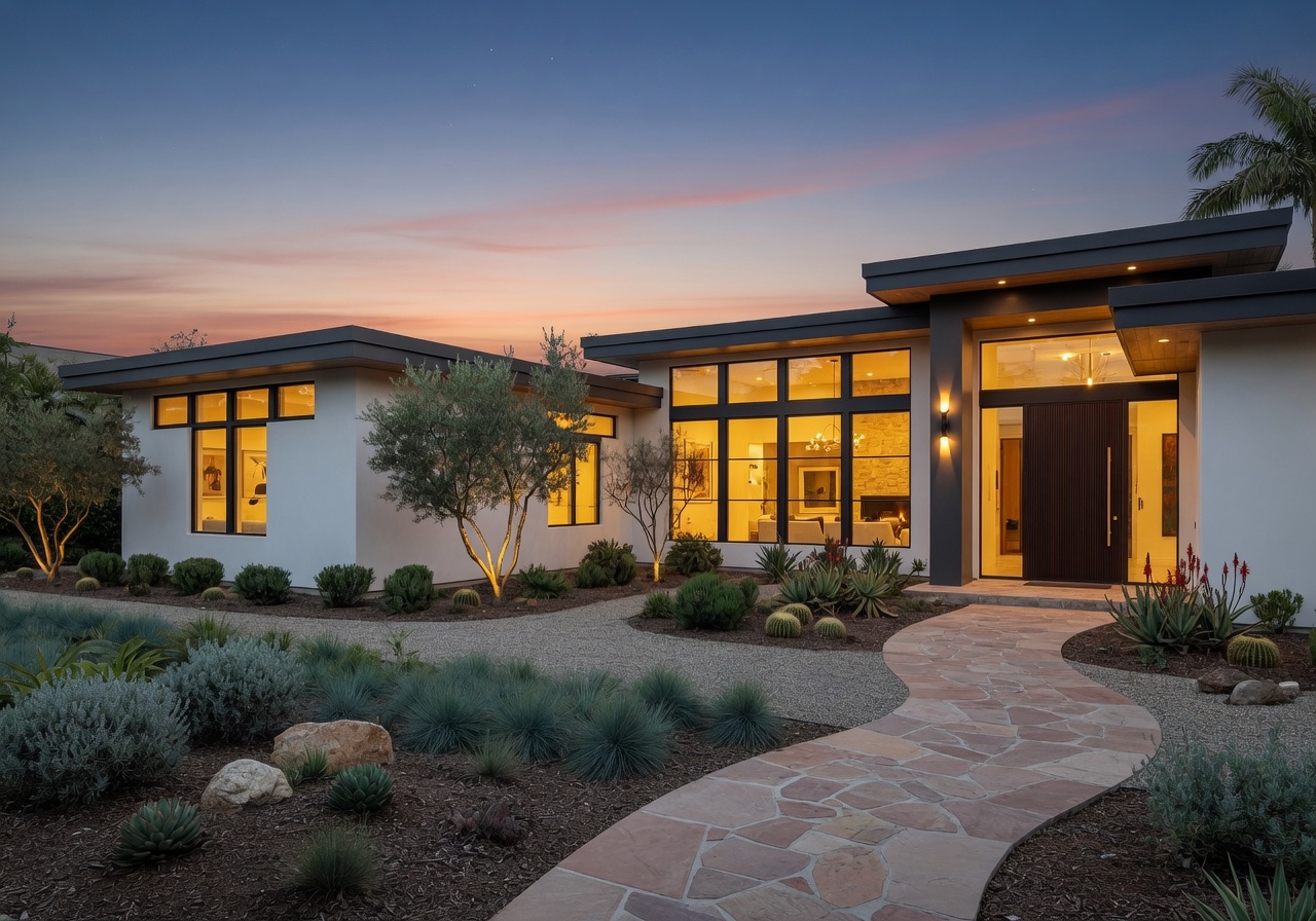 Modern luxury home exterior in San Diego at twilight