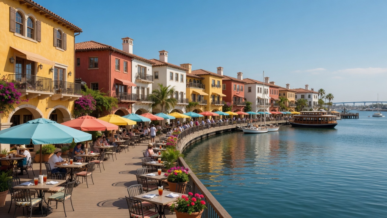 Colorful Mediterranean-style buildings and waterfront promenade at Seaport Village in San Diego with outdoor seating under umbrellas