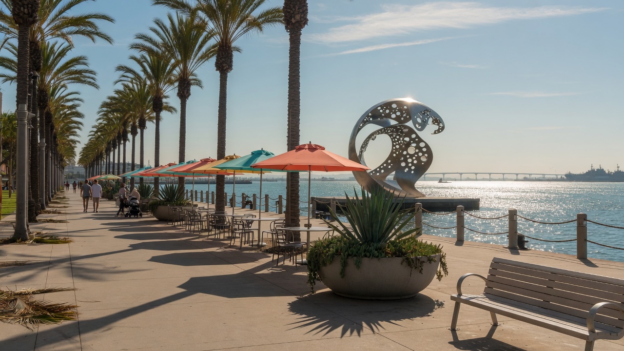 San Diego waterfront promenade along the Embarcadero with palm trees, public art, and the harbor in view