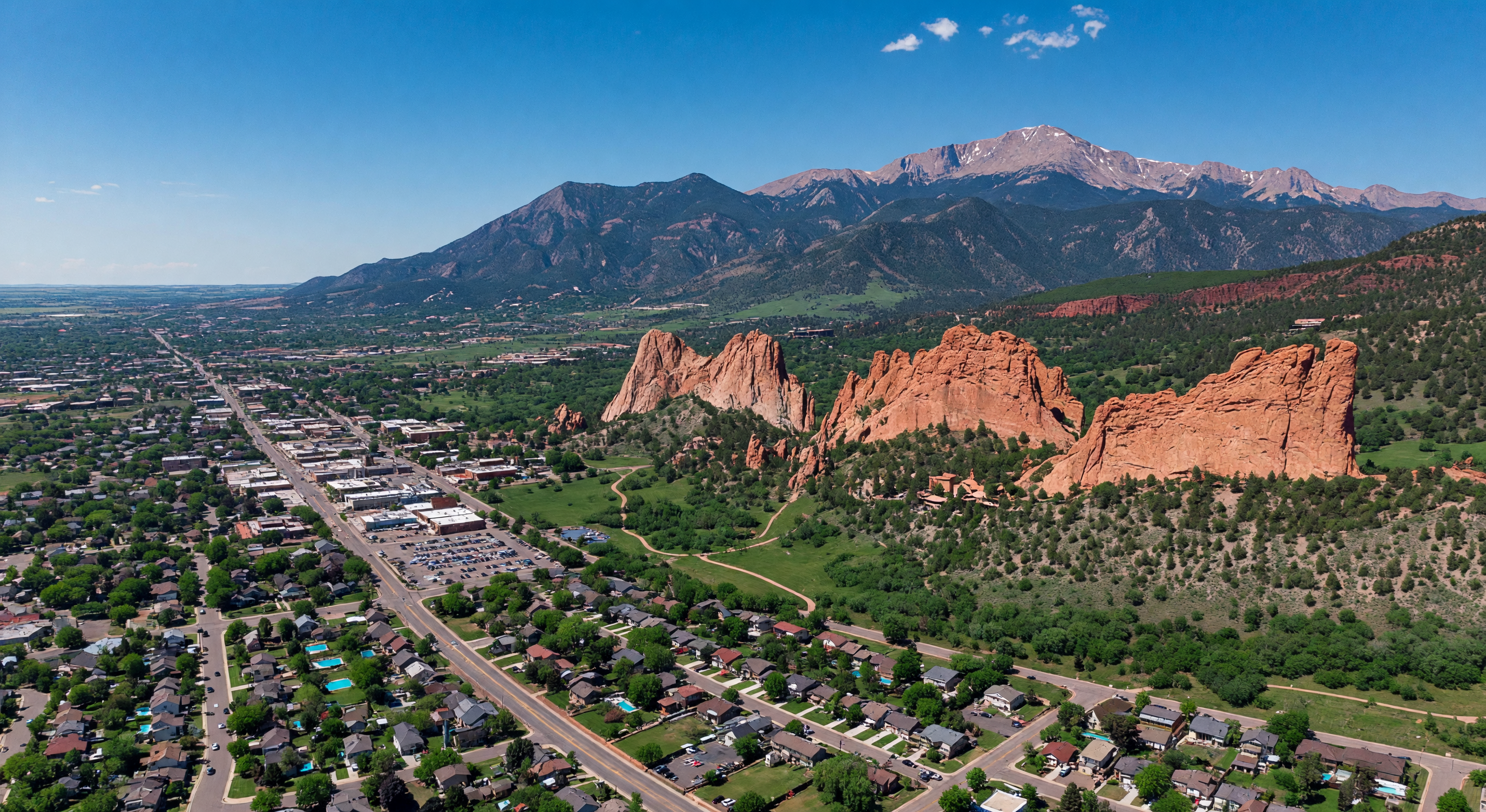 Aerial view of Colorado Springs with Pikes Peak and Garden of the Gods