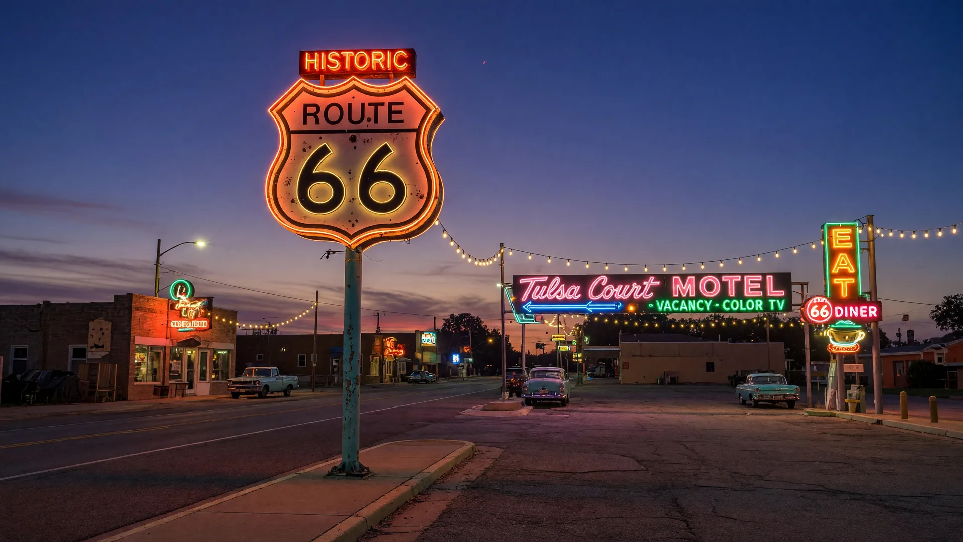 Classic neon Route 66 signs glowing at dusk along historic 11th Street in Tulsa, Oklahoma