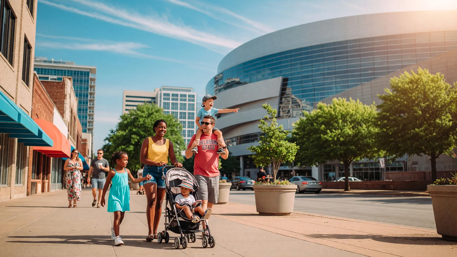 A family walking through downtown Tulsa near the BOK Center on a sunny summer afternoon