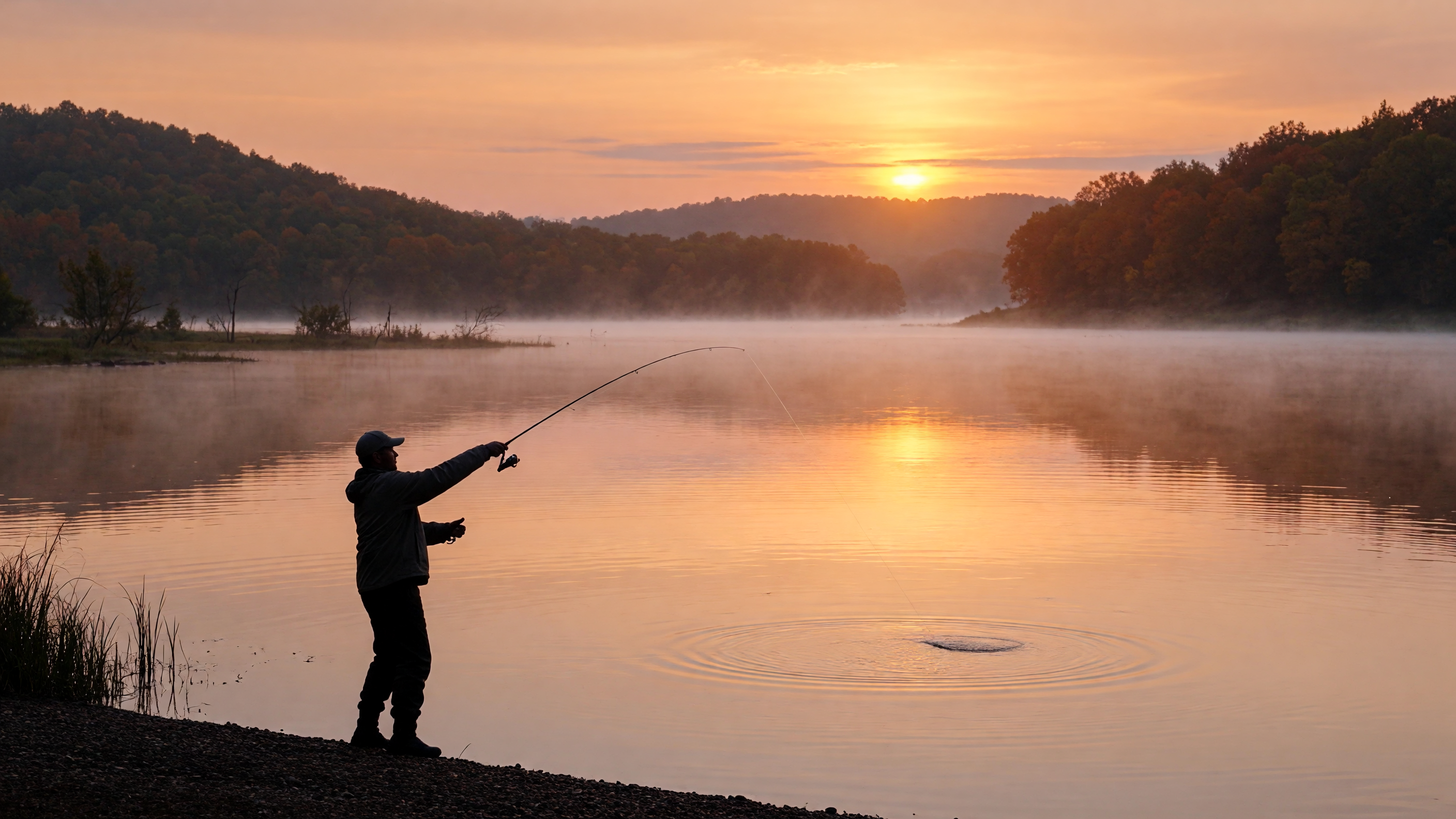 A fisherman casting a line at a calm Oklahoma lake during golden hour sunrise