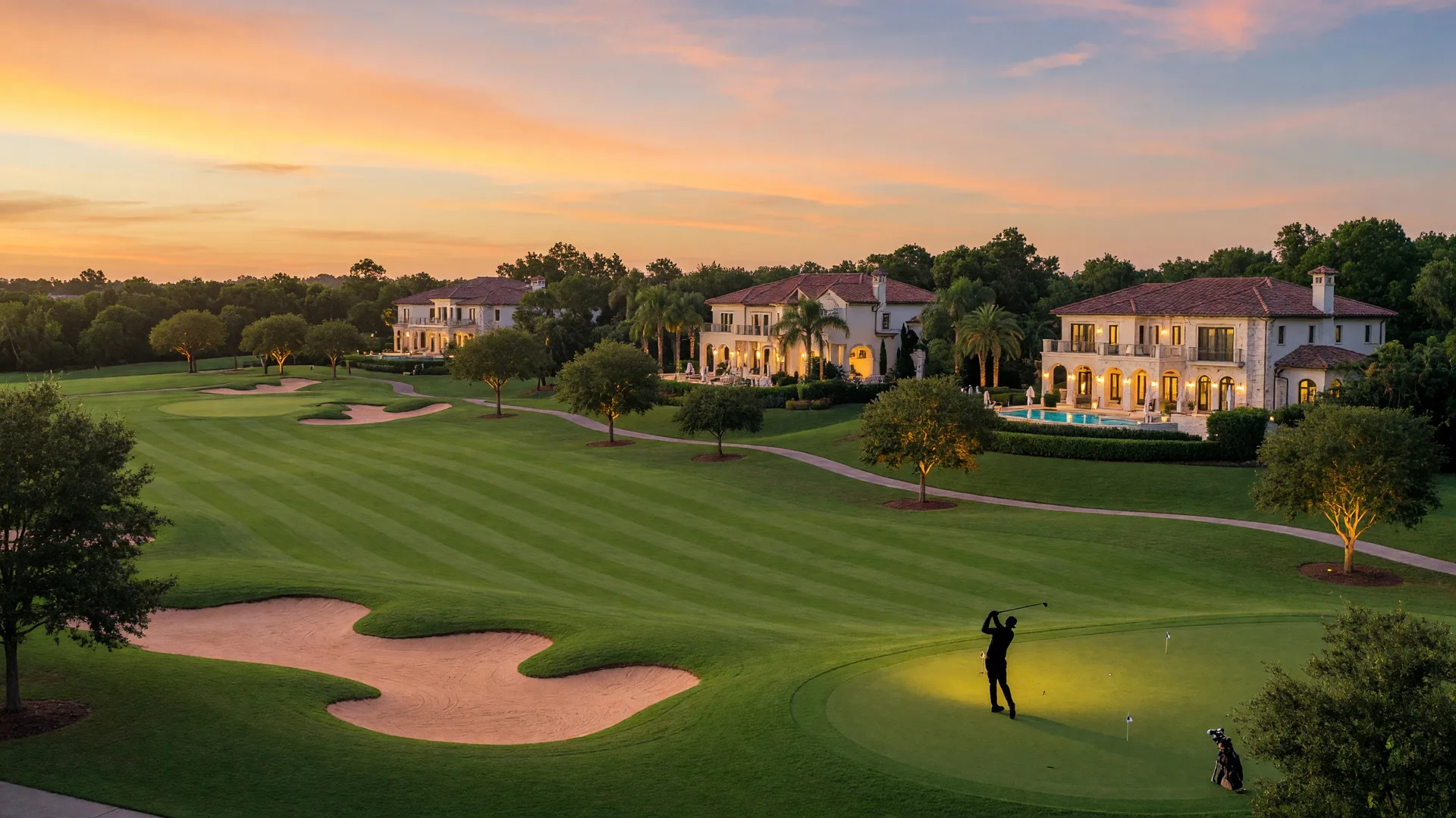A luxurious golf course community at golden hour with manicured fairways, elegant homes, and warm outdoor lighting