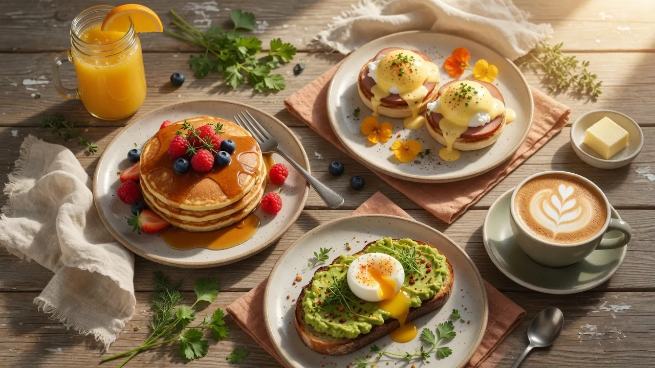 A bright weekend brunch spread with pancakes, avocado toast, eggs Benedict, fresh juice, and a latte on a rustic wooden table