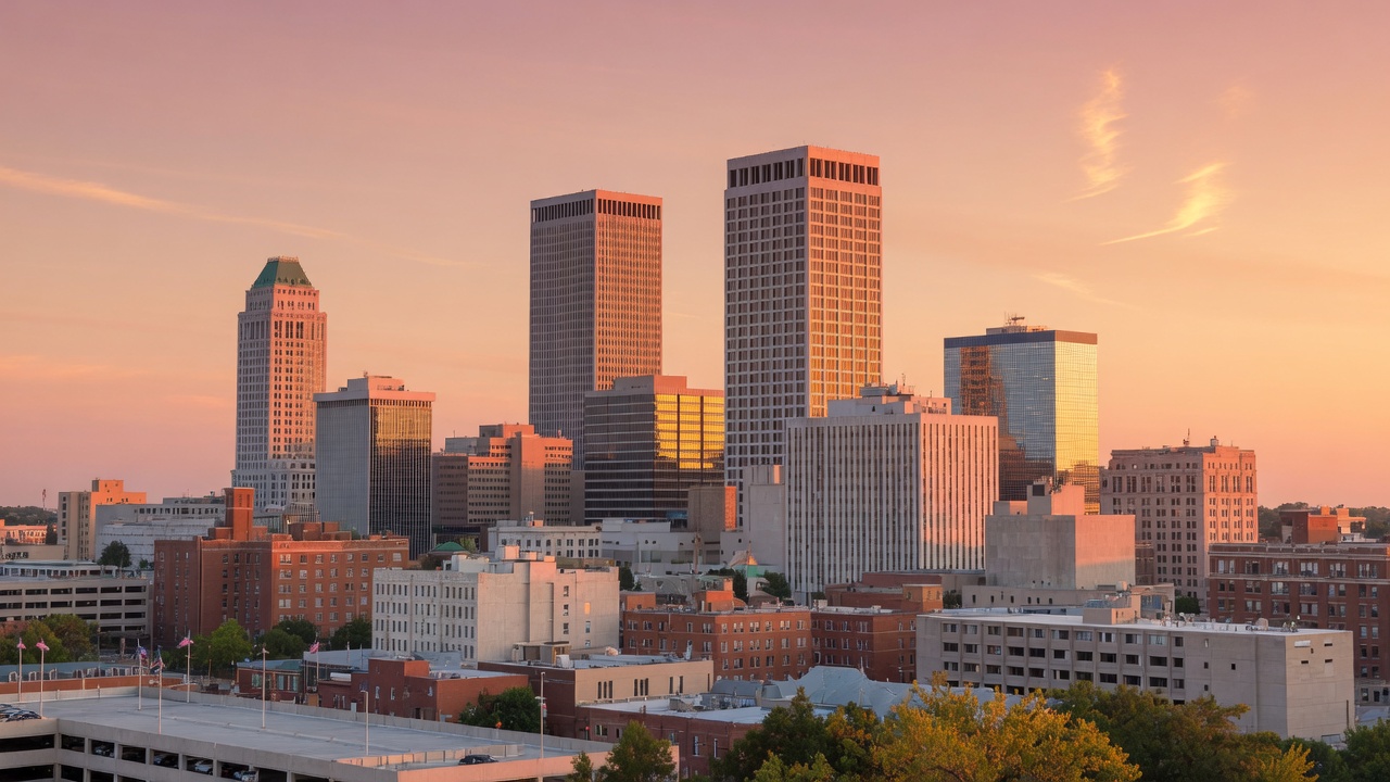 Tulsa Oklahoma cityscape skyline at golden hour