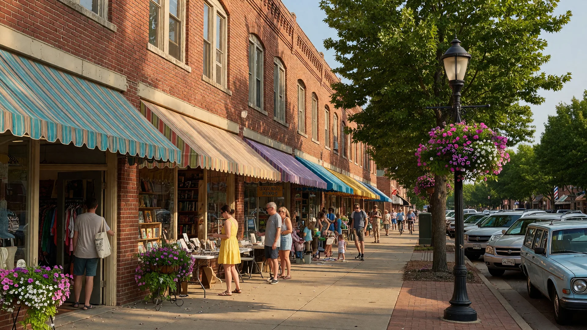 A charming boutique shopping street in Tulsa with historic brick storefronts, colorful awnings, and mature trees on a sunny afternoon