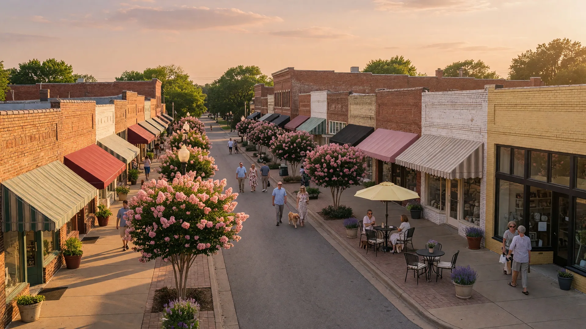 A charming tree-lined commercial street in Brookside, Tulsa with brick storefronts, outdoor café seating, and flowering crepe myrtle trees at golden hour