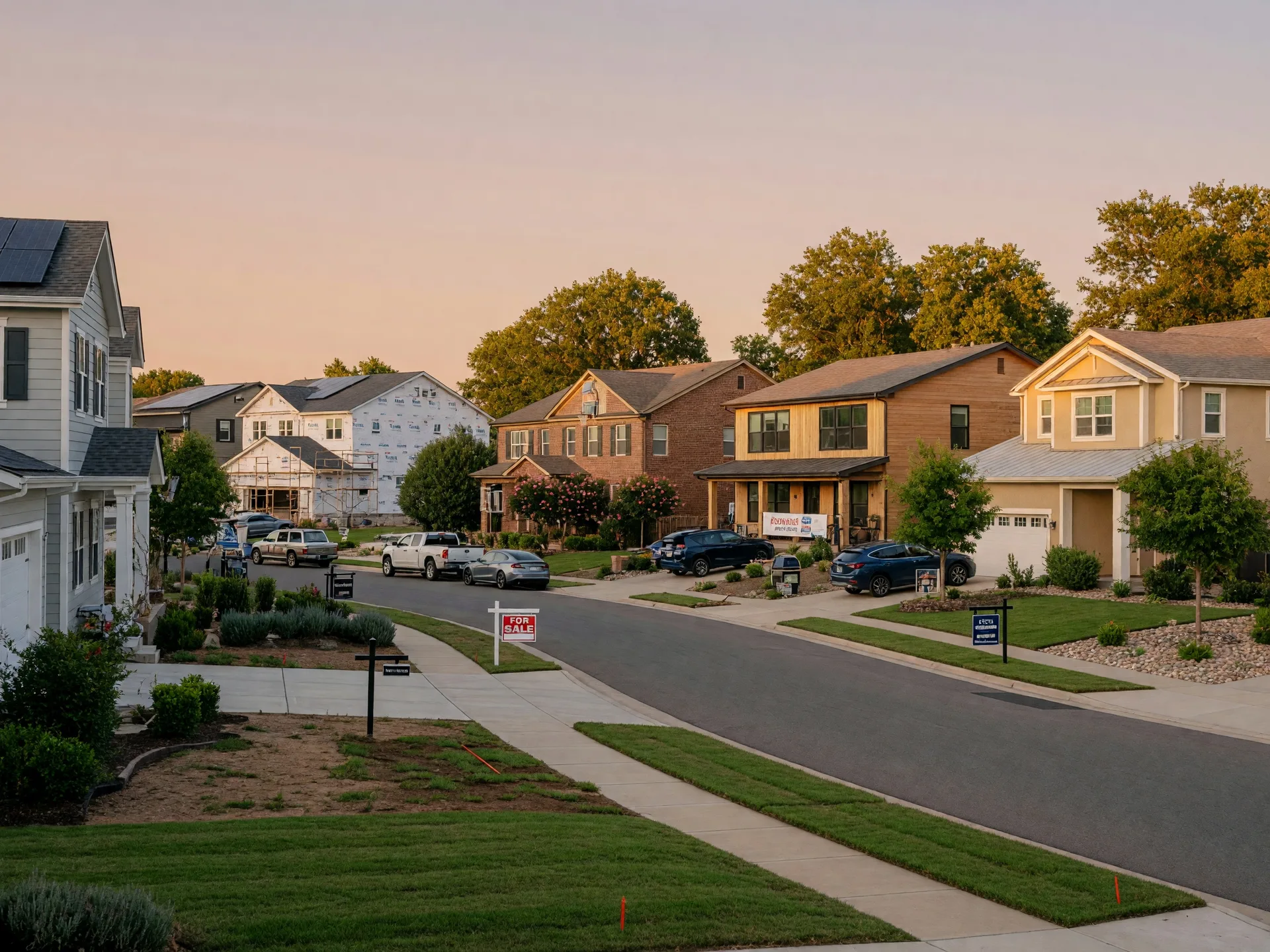 A suburban neighborhood street with several homes displaying For Sale signs, reflecting the current housing market conditions