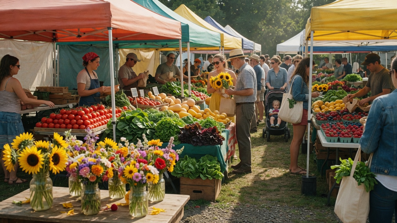 A busy outdoor farmers market with colorful fresh produce, sunflowers, and people browsing vendor stalls on a sunny Saturday morning
