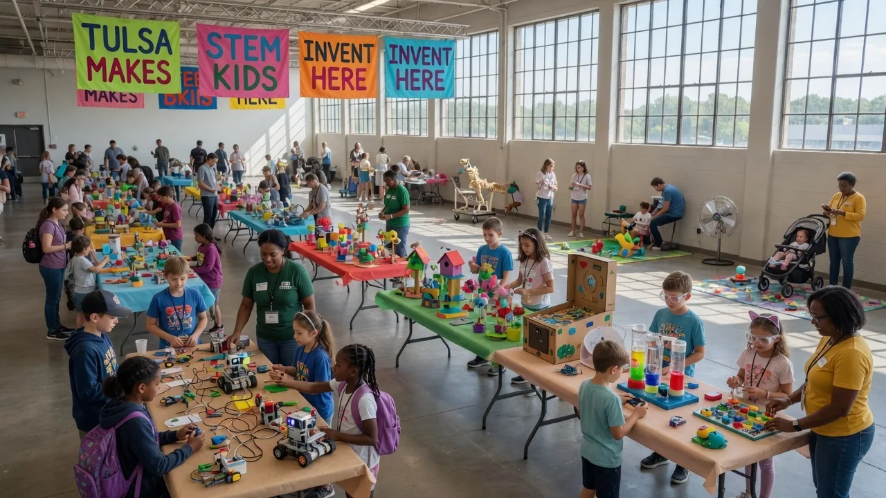 Maker Faire Tulsa at Expo Square with families exploring hands-on exhibits, robots, and craft displays