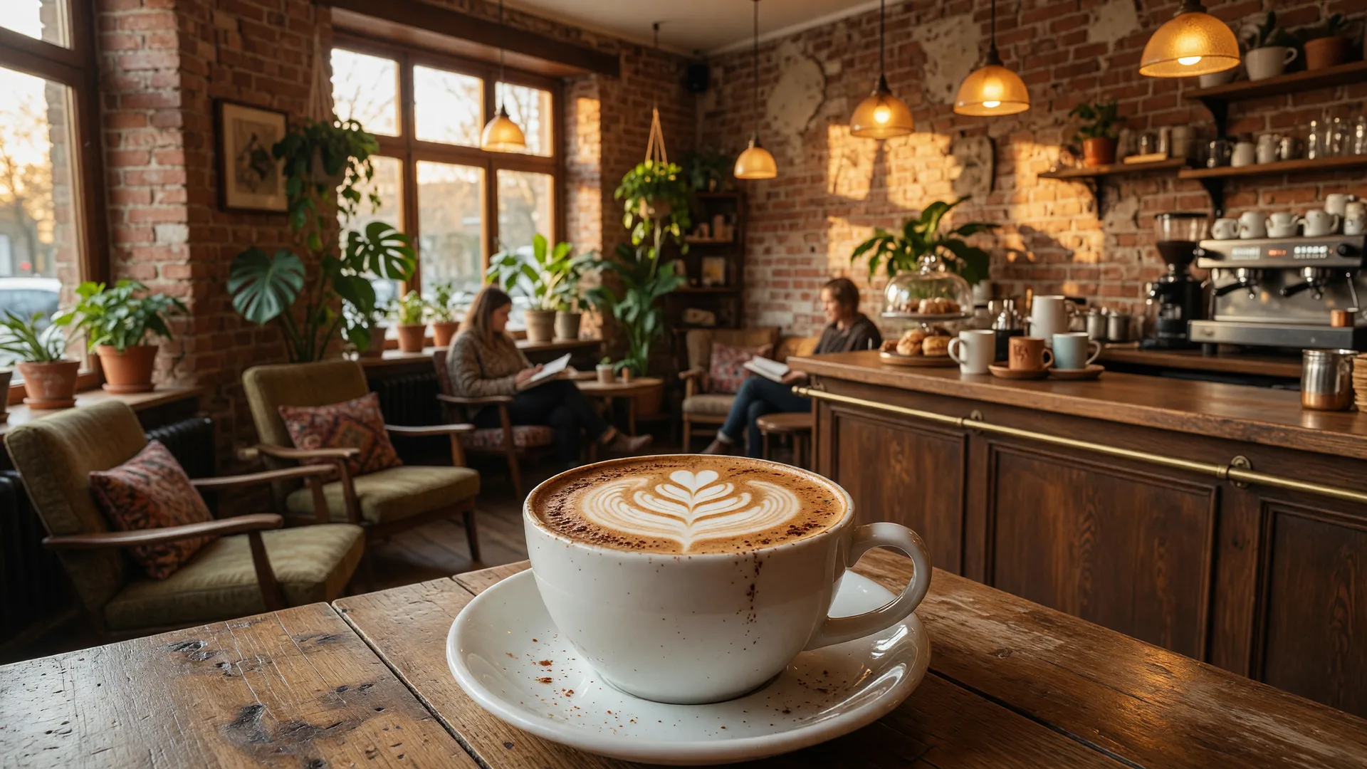 A cozy independent coffee shop interior with warm lighting, exposed brick walls, and a latte with art on a rustic wooden table